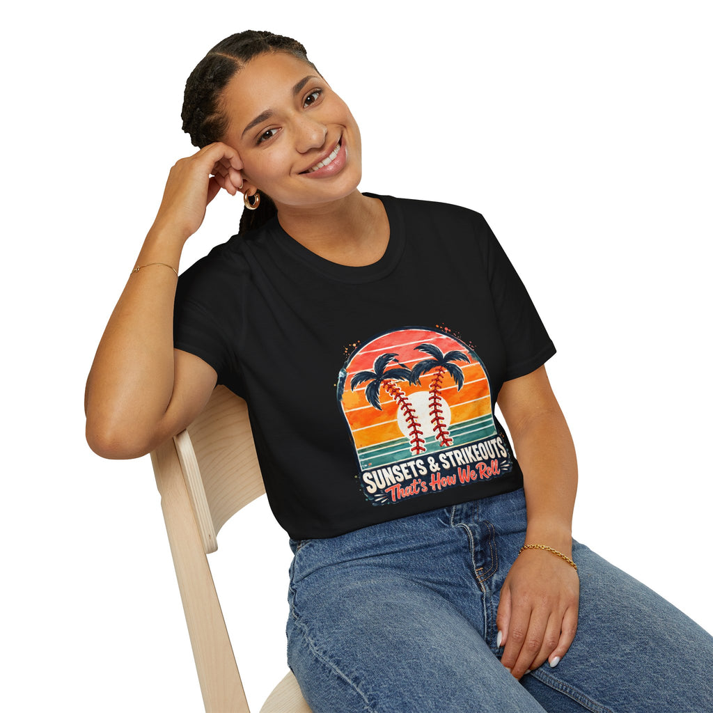 Sunset Baseball Palm Trees T-Shirt | Sunsets & Strikeouts Vintage Sunset Baseball Shirt