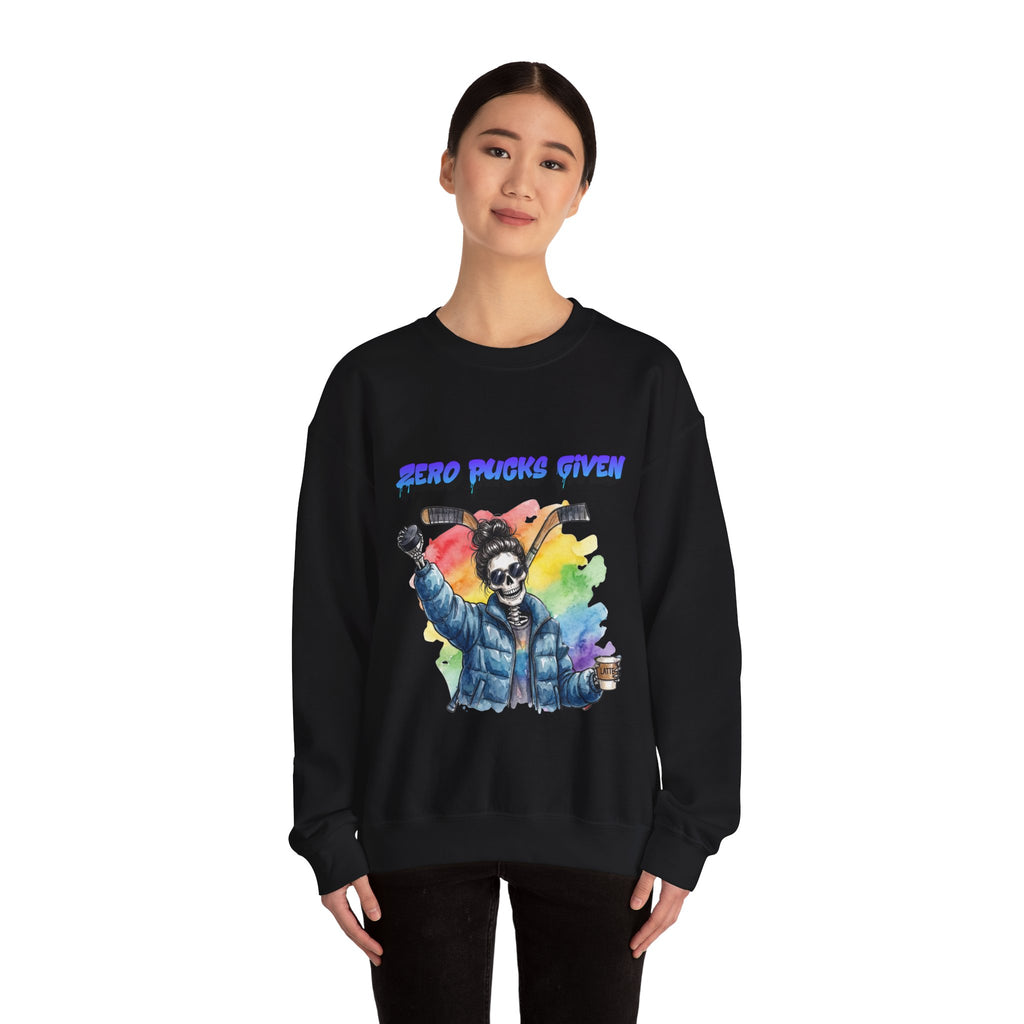 Zero Pucks Given Skeleton Hockey Player Crewneck sweatshirt | Rainbow Graphic