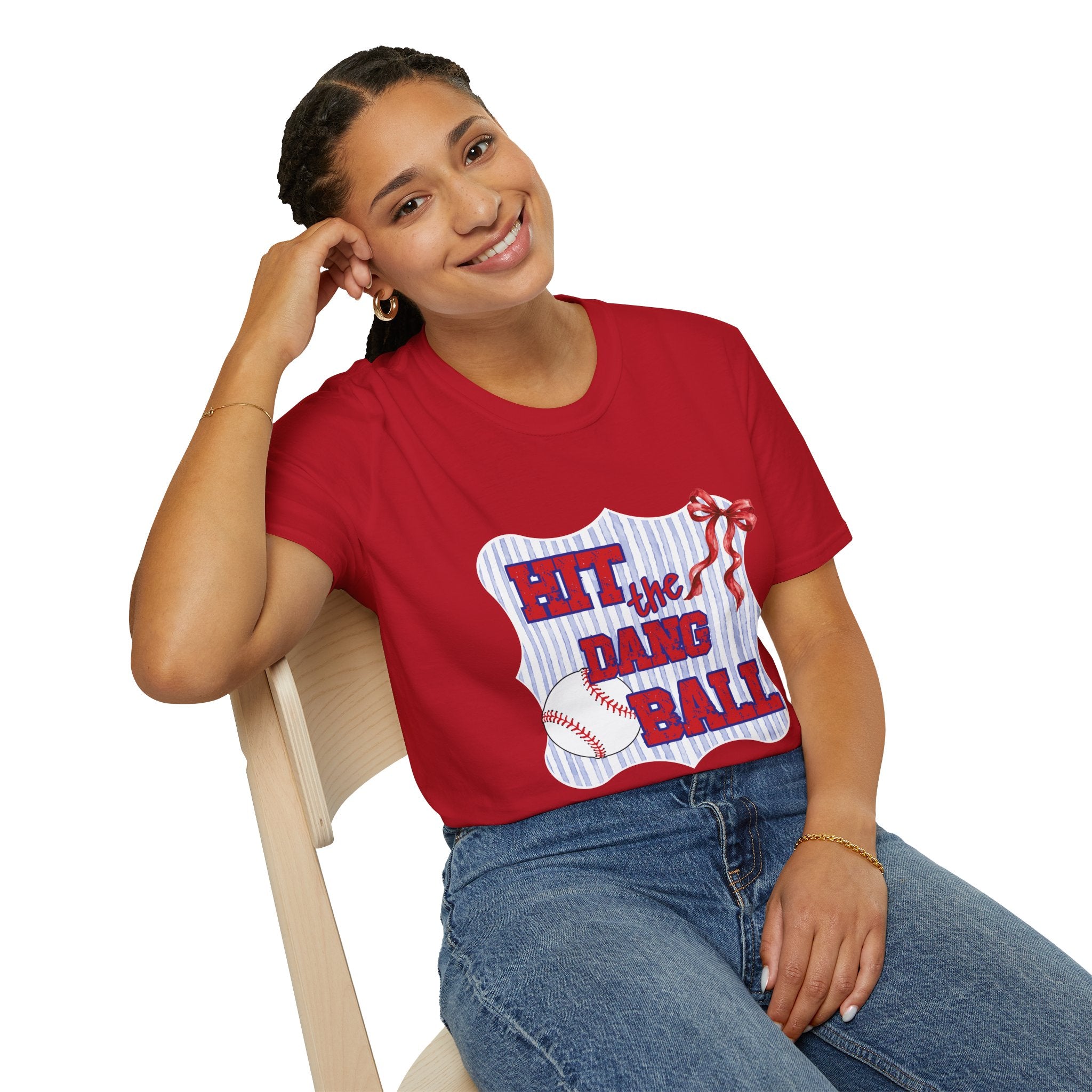 Preppy Hit the Dang Ball T-Shirt | Girly Baseball Graphic, Red White Blue Stripes