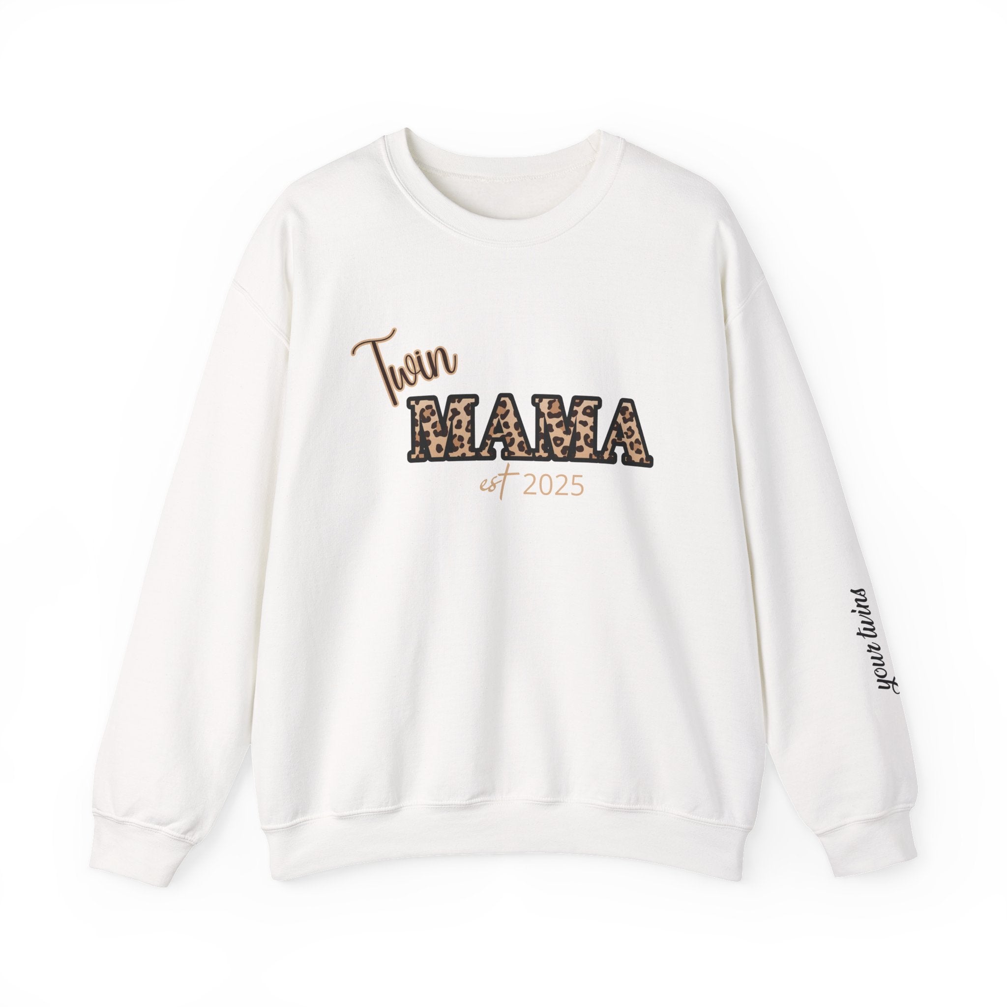 Twin Mama crewneck sweatshirt Customizable| Leopard print MAMA, est. 2025, name sleeve