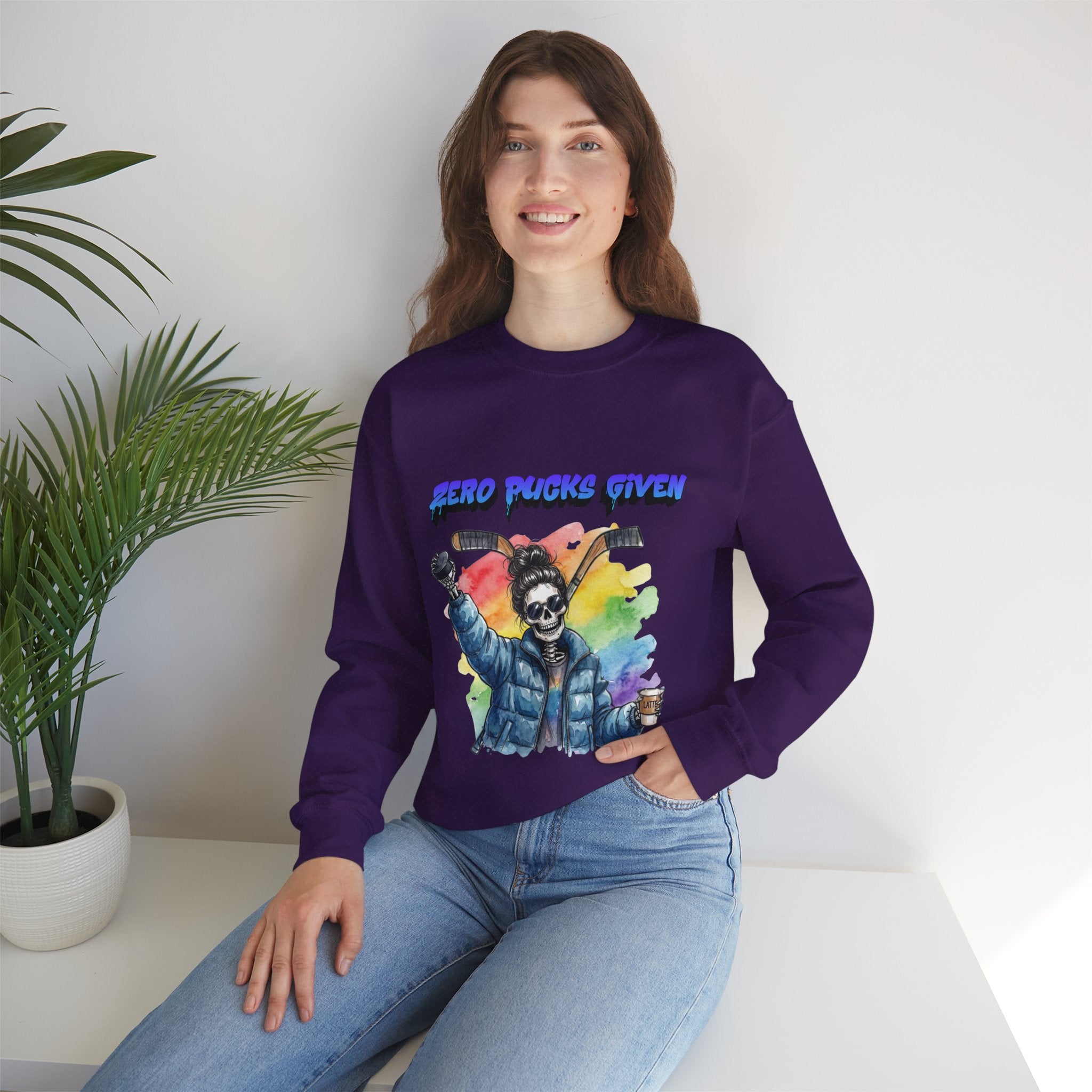 Zero Pucks Given Skeleton Hockey Player Crewneck sweatshirt | Rainbow Graphic