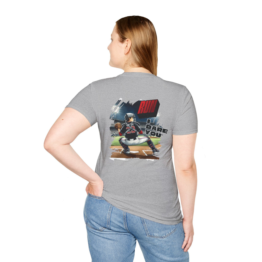 Run I Dare You' Back Graphic Baseball Runner T-Shirt Youth Player Illustration