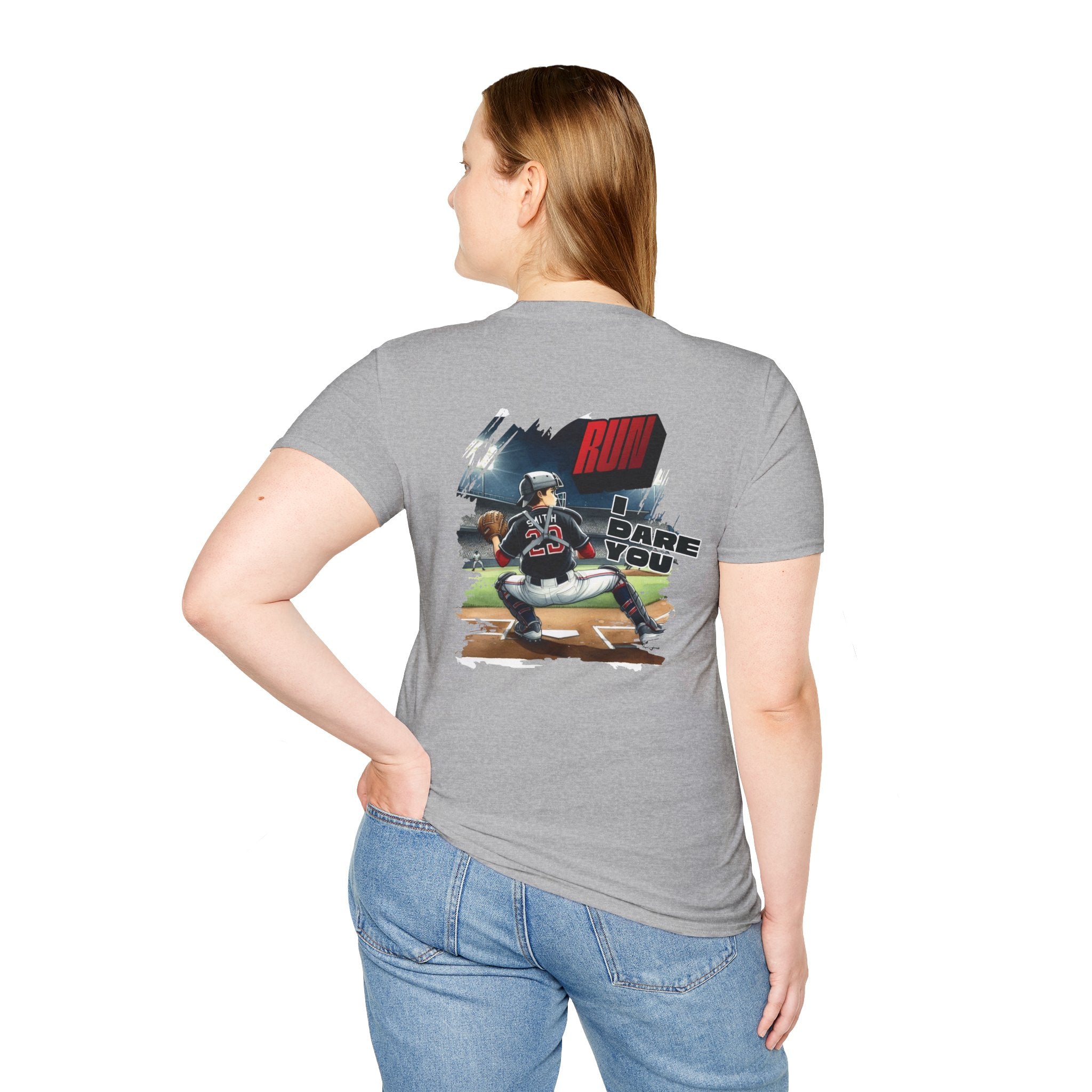 Run I Dare You' Back Graphic Baseball Runner T-Shirt Youth Player Illustration