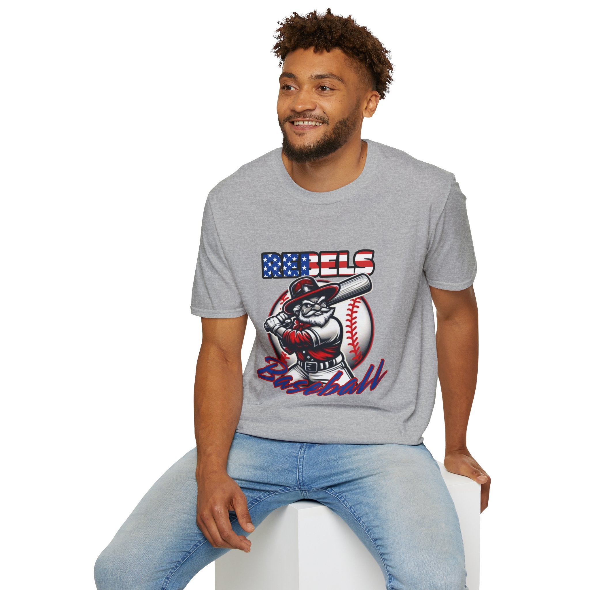 Rebels Baseball T-Shirt | Mascot Batter with American Flag Text