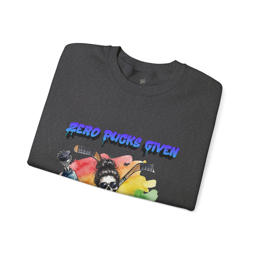 Zero Pucks Given Skeleton Hockey Player Crewneck sweatshirt | Rainbow Graphic