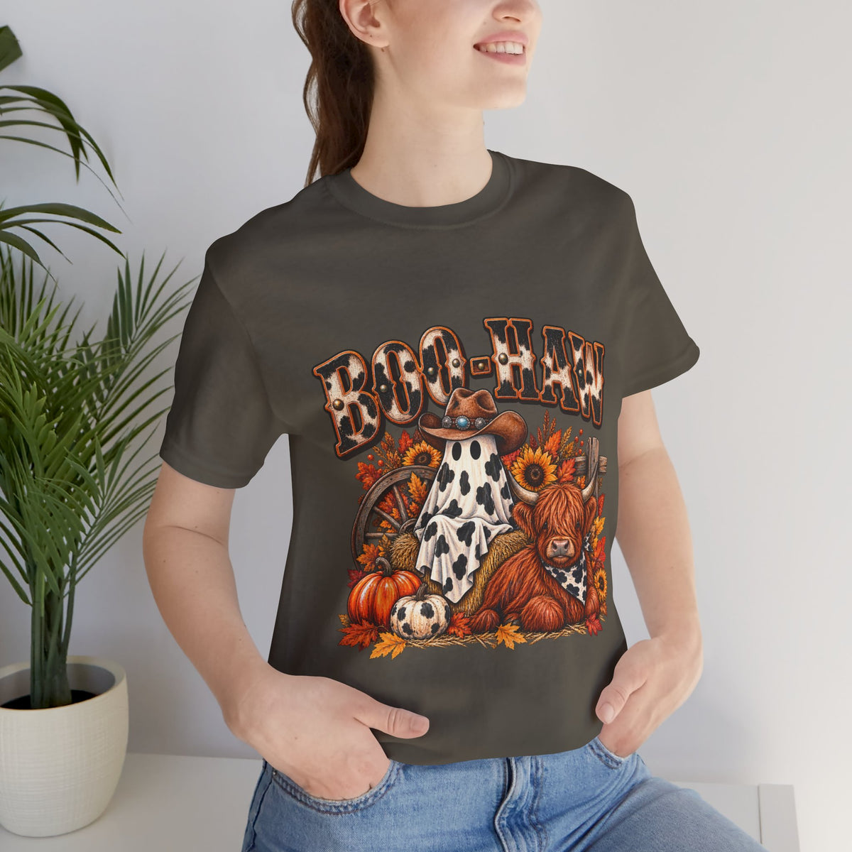 Boo-Haw Halloween T-Shirt  Western Ghost Cowgirl Tee, Fall Pumpkin Patch Shirt, Funny Country Halloween Graphic Tee