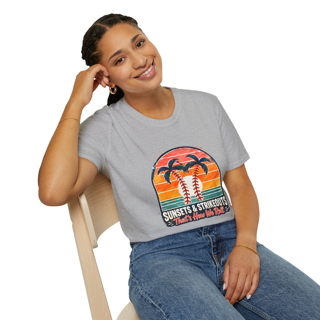 Sunset Baseball Palm Trees T-Shirt | Sunsets & Strikeouts Vintage Sunset Baseball Shirt