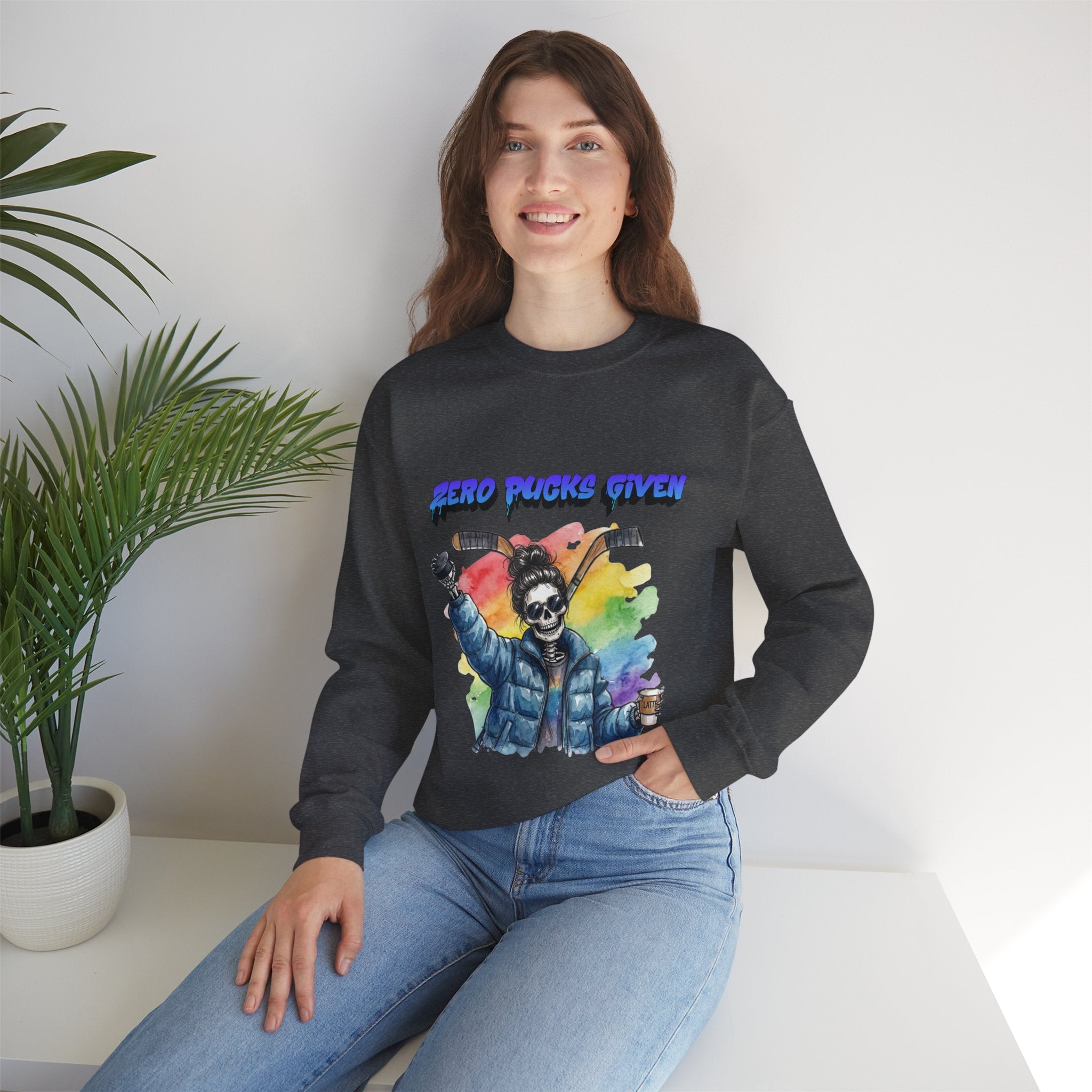 Zero Pucks Given Skeleton Hockey Player Crewneck sweatshirt | Rainbow Graphic