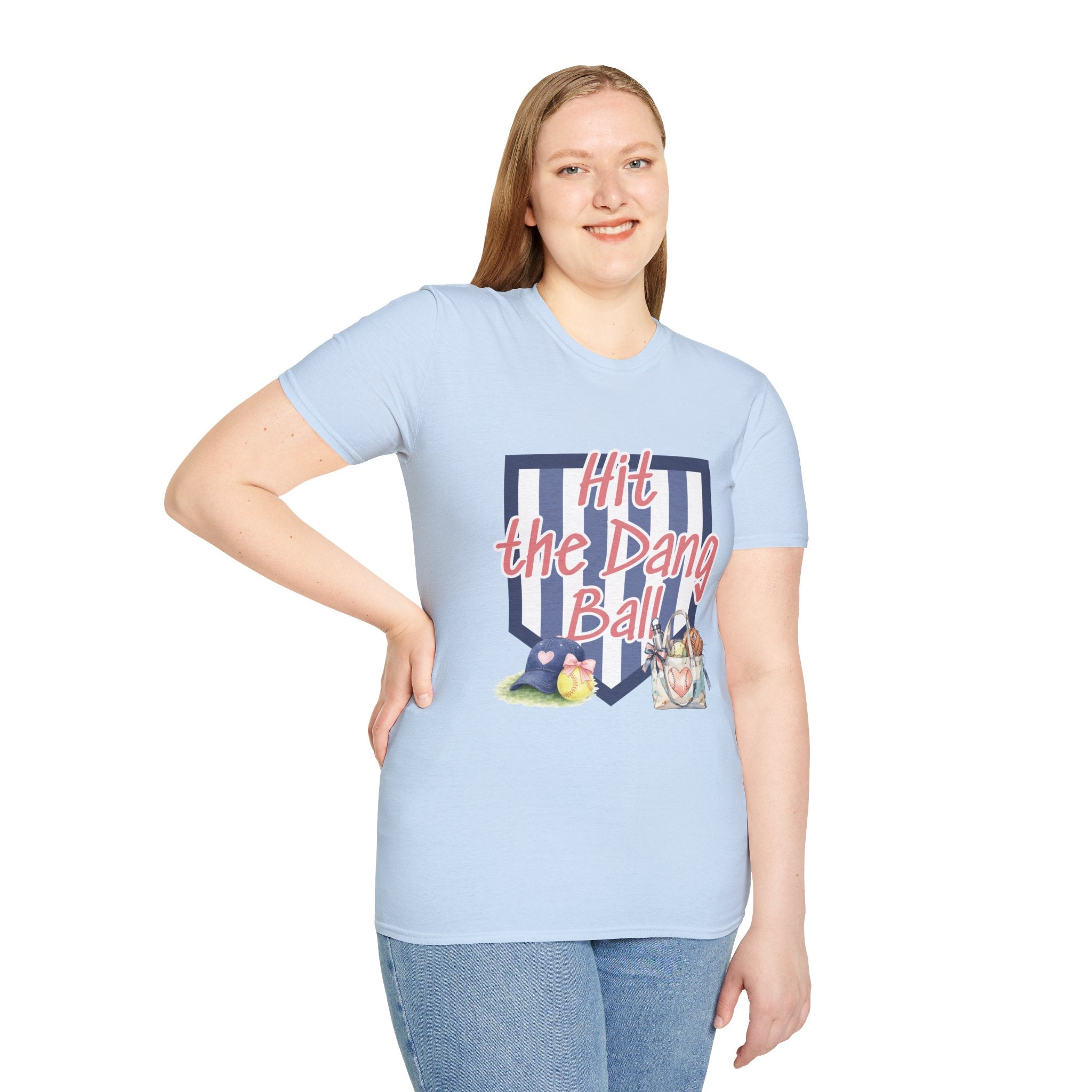 Preppy Hit the Dang Ball T-Shirt | Girly Baseball Graphic, Glove and Helmet Illustration