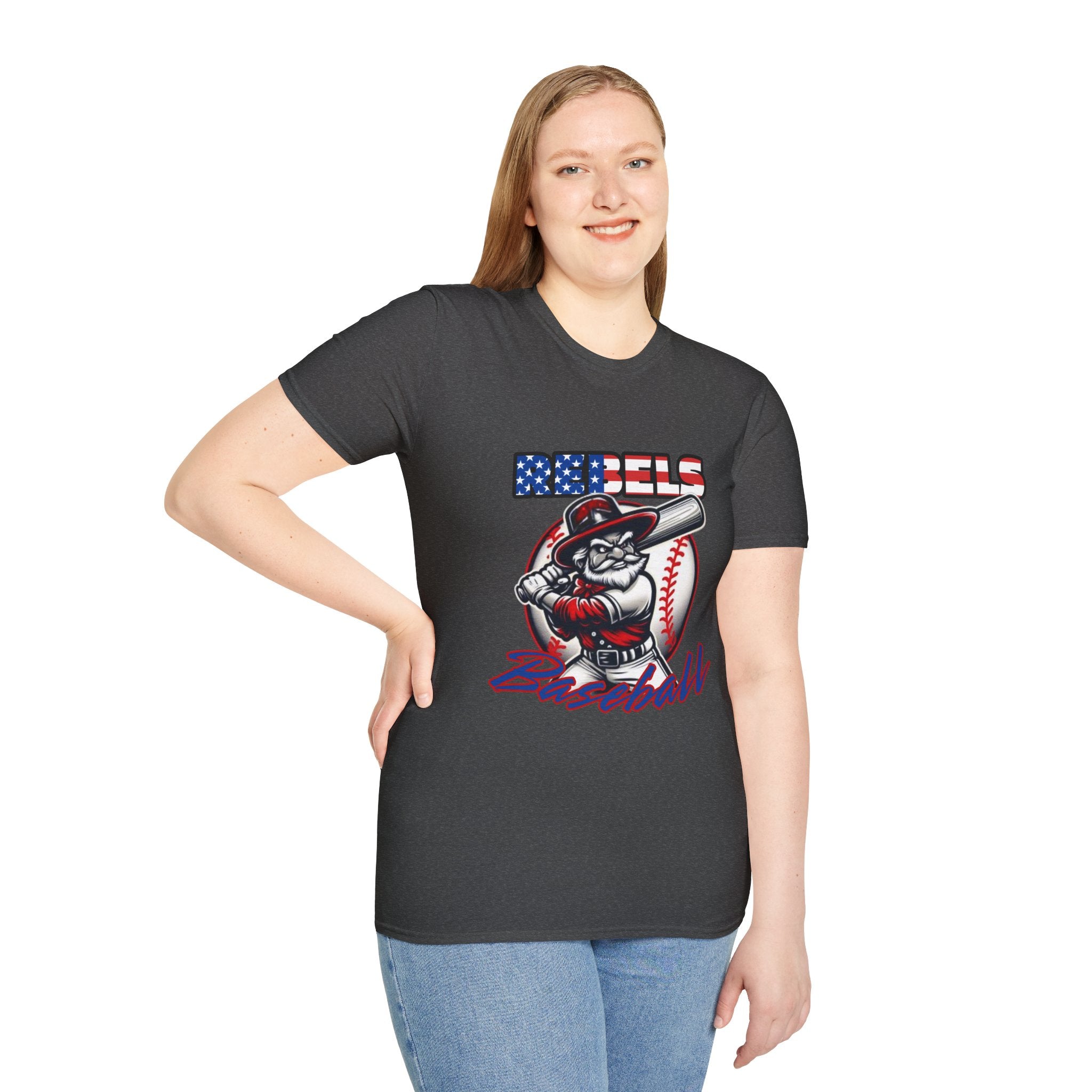 Rebels Baseball T-Shirt | Mascot Batter with American Flag Text