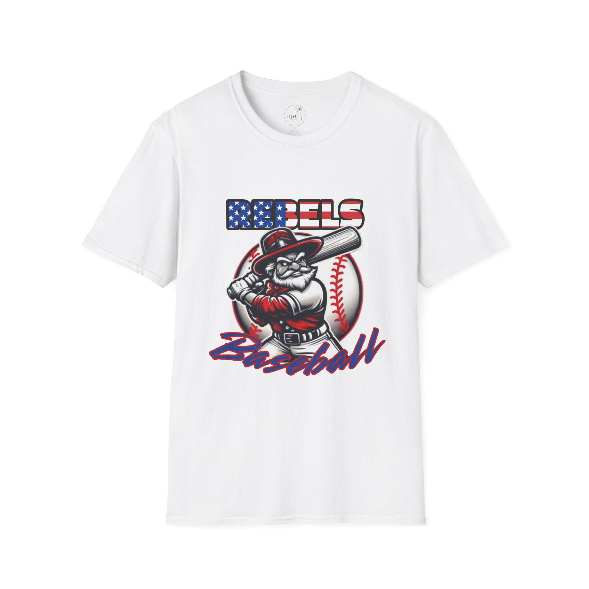 Rebels Baseball T-Shirt | Mascot Batter with American Flag Text