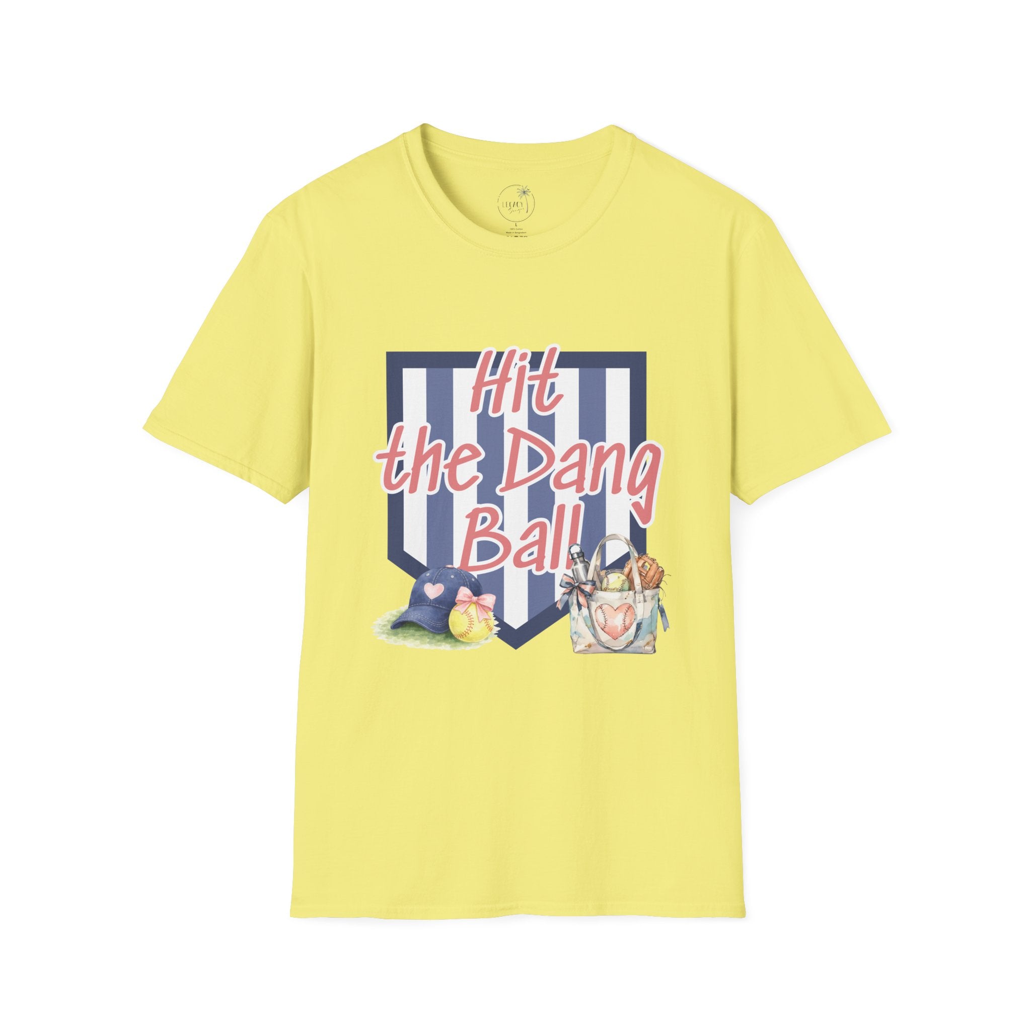 Preppy Hit the Dang Ball T-Shirt | Girly Baseball Graphic, Glove and Helmet Illustration