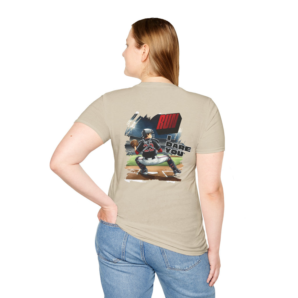 Run I Dare You' Back Graphic Baseball Runner T-Shirt Youth Player Illustration