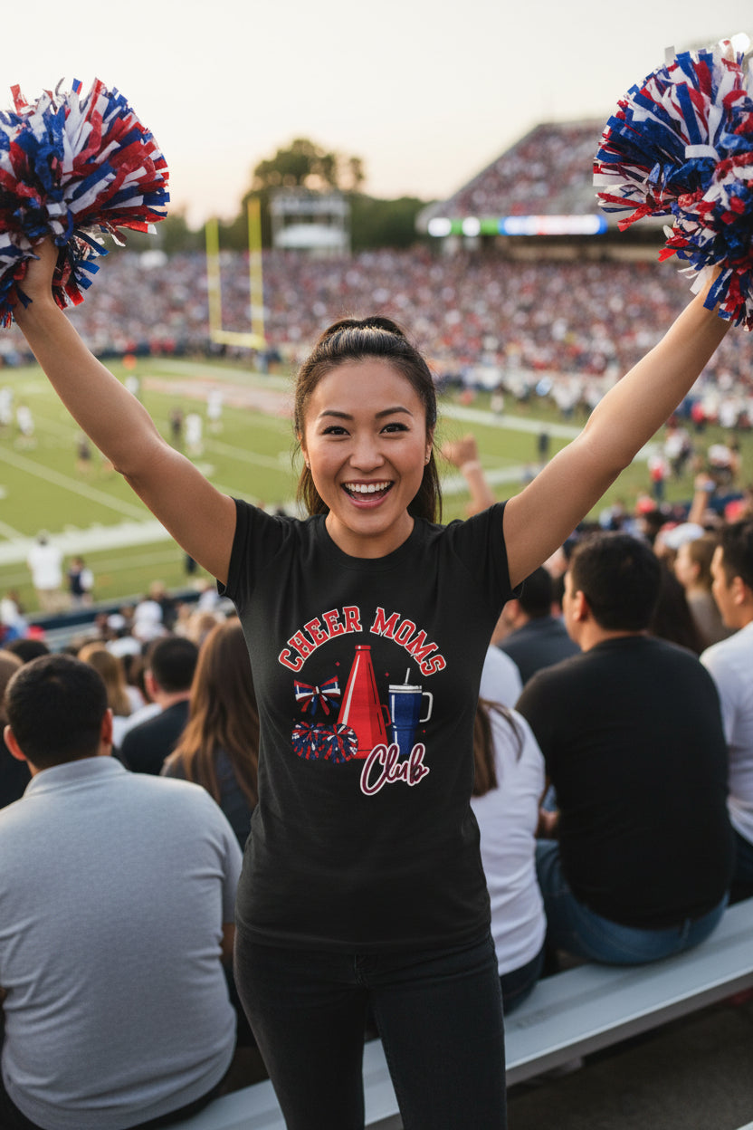 Cheer Moms Club Tee | Cheerleading Pom Poms, Megaphone, Bow Shirt