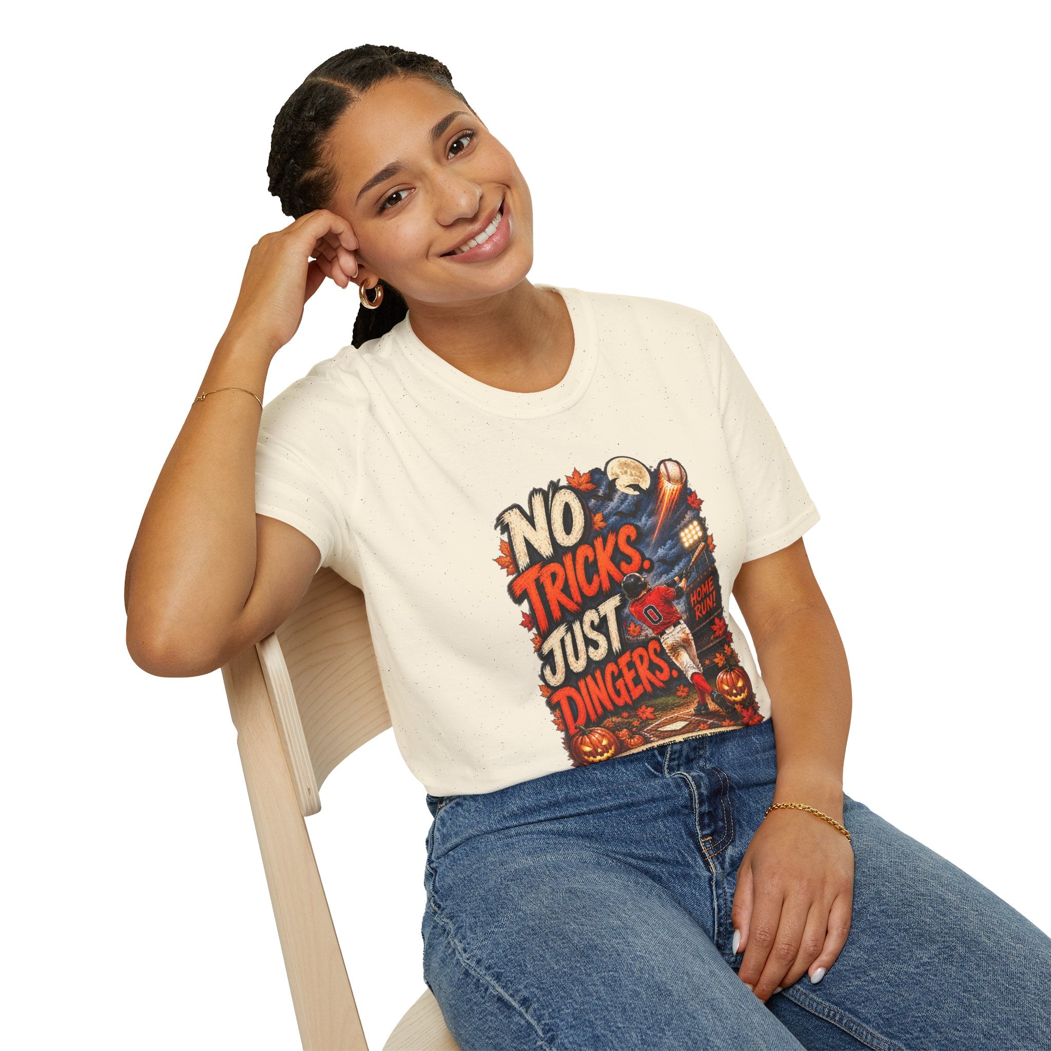 No Tricks Just Dingers T-Shirt | Halloween Baseball Pumpkin Moon Retro
