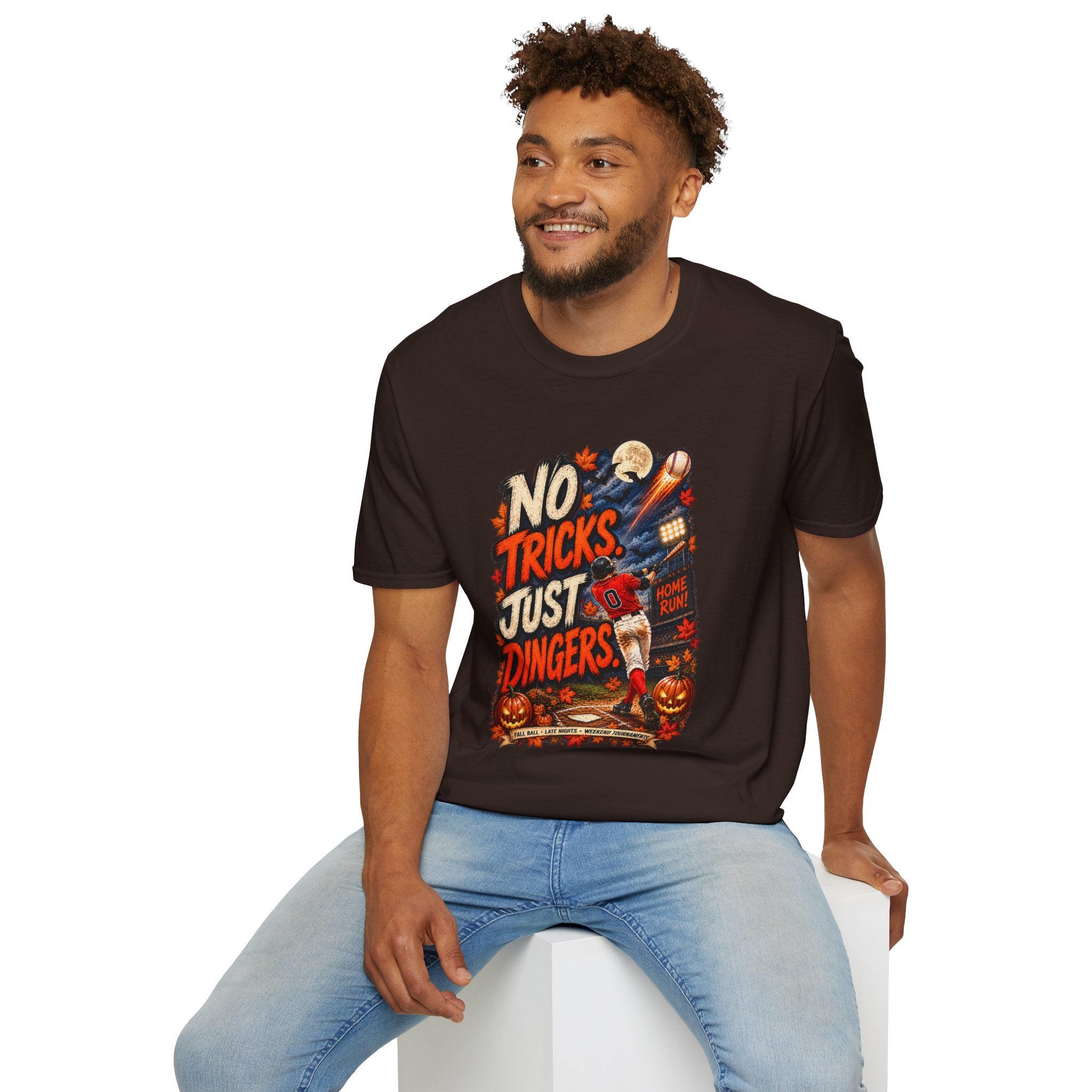 No Tricks Just Dingers T-Shirt | Halloween Baseball Pumpkin Moon Retro