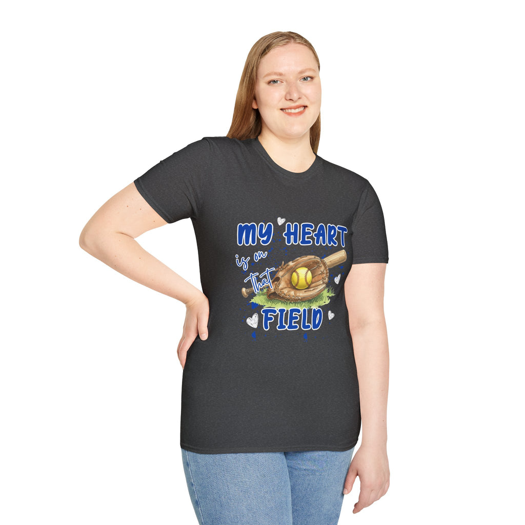 My Heart Is On That Field Softball T-Shirt | Softball Glove Ball Bat Design