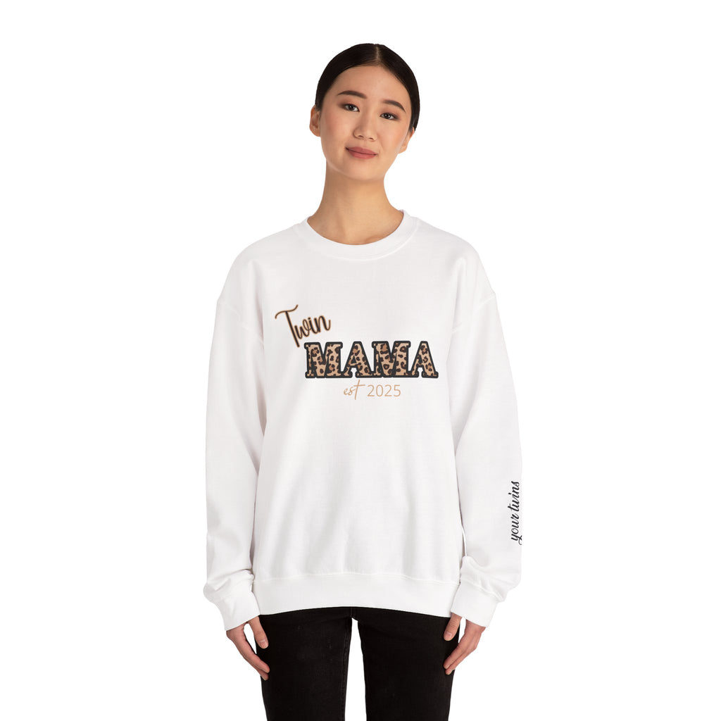 Twin Mama crewneck sweatshirt Customizable| Leopard print MAMA, est. 2025, name sleeve