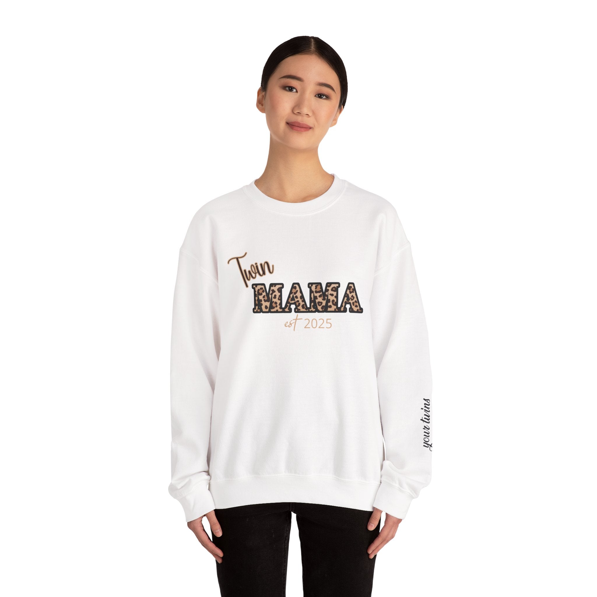 Twin Mama crewneck sweatshirt Customizable| Leopard print MAMA, est. 2025, name sleeve