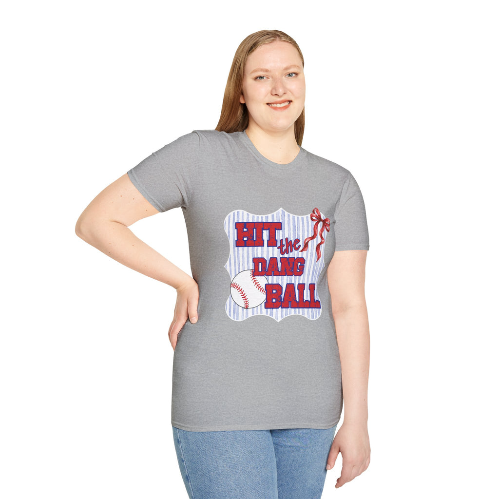 Preppy Hit the Dang Ball T-Shirt | Girly Baseball Graphic, Red White Blue Stripes