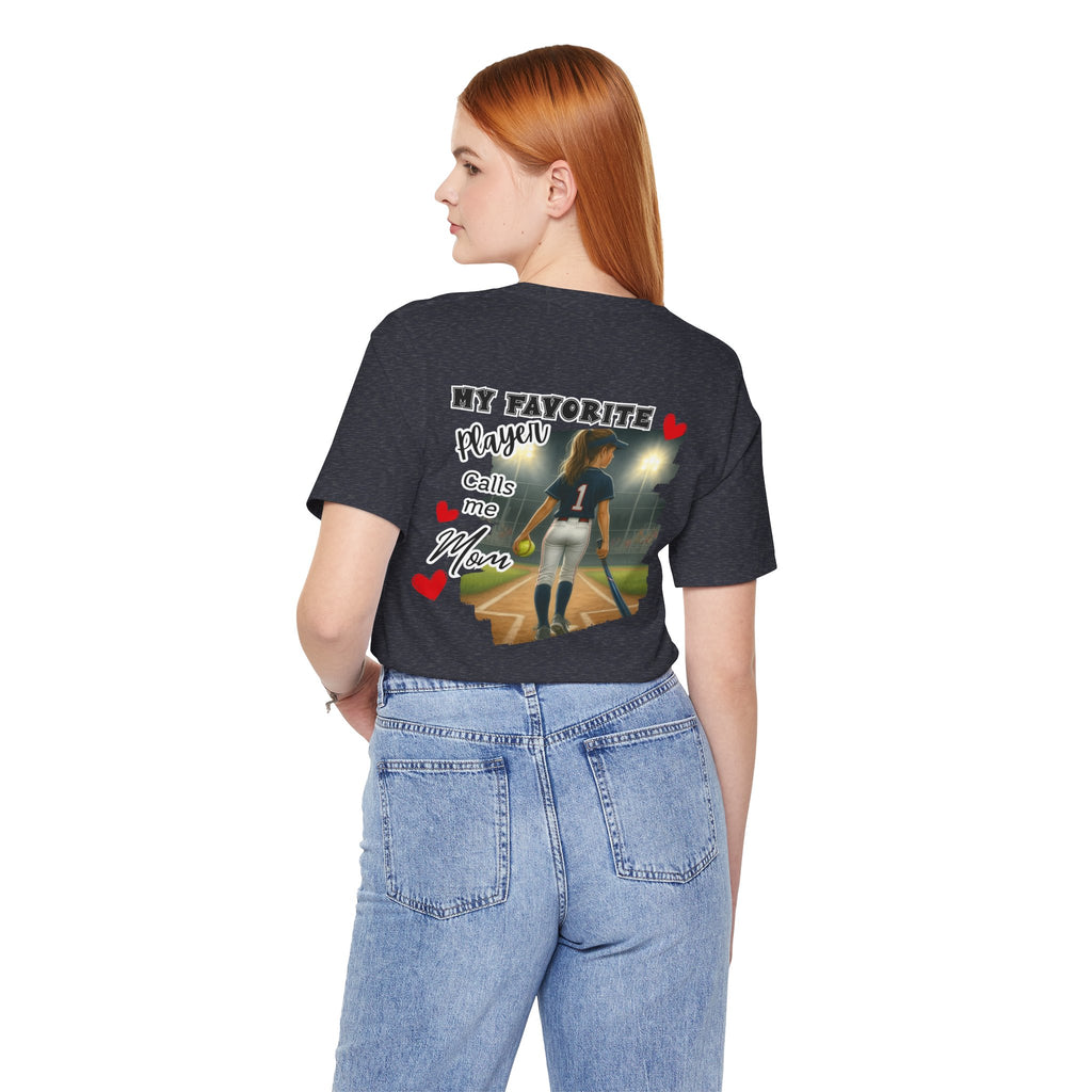 My Favorite Player Calls Me Mom Softball T-Shirt | Proud Softball Mom Tee | Game Day Shirt | Sports Mom Gift with Pocket Design