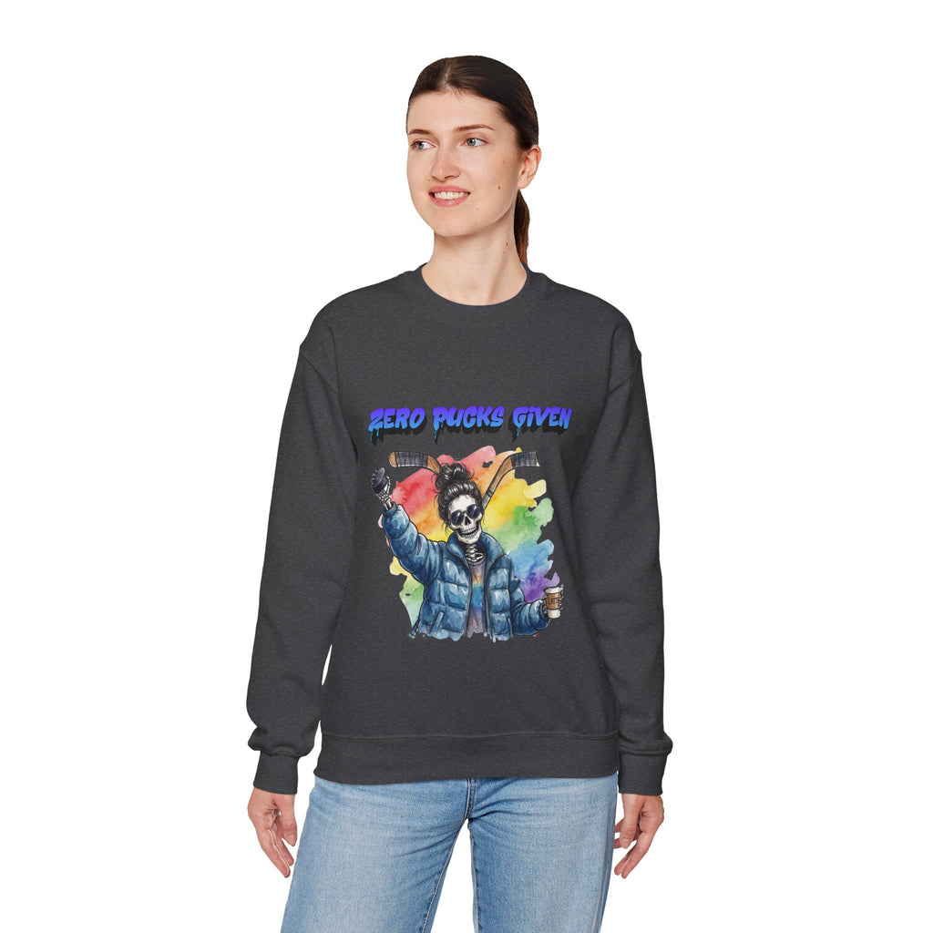Zero Pucks Given Skeleton Hockey Player Crewneck sweatshirt | Rainbow Graphic