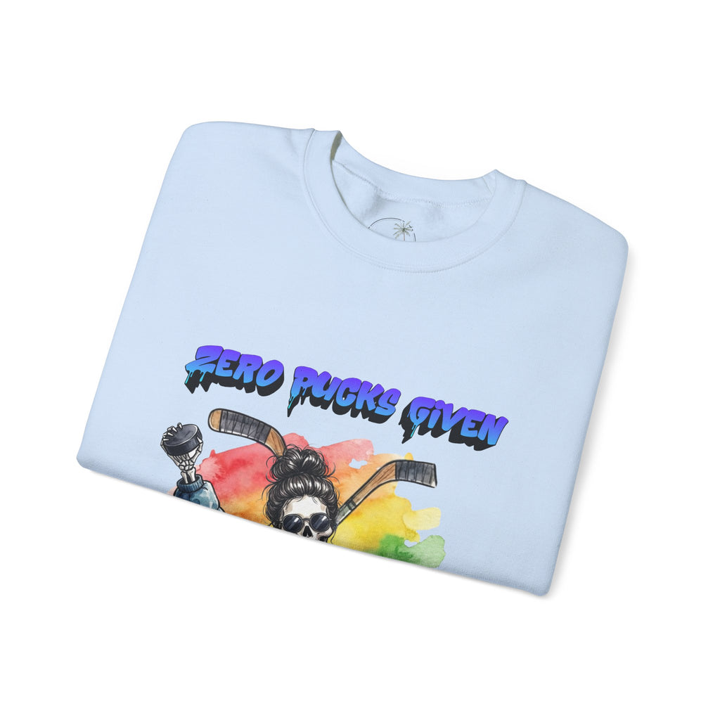 Zero Pucks Given Skeleton Hockey Player Crewneck sweatshirt | Rainbow Graphic