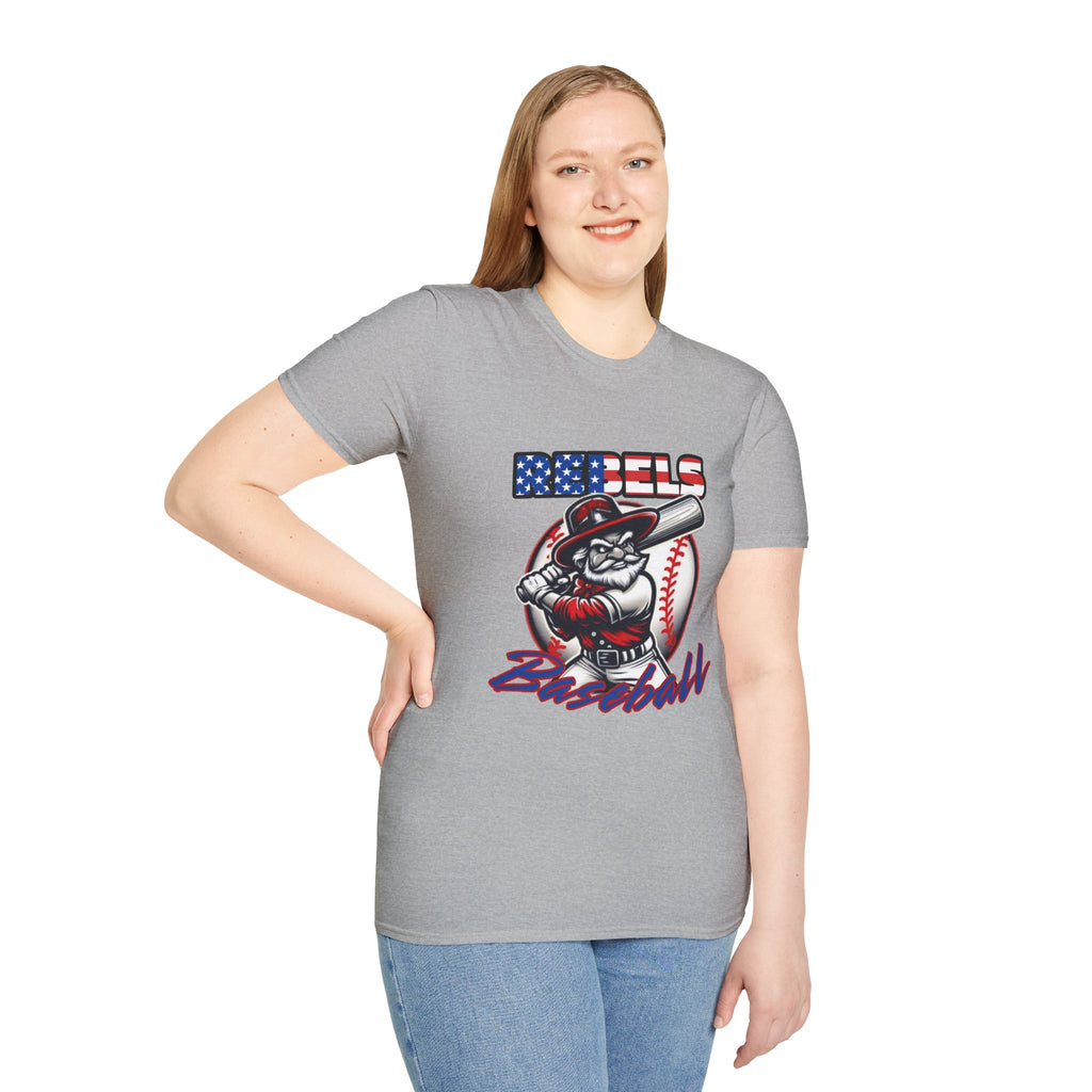 Rebels Baseball T-Shirt | Mascot Batter with American Flag Text