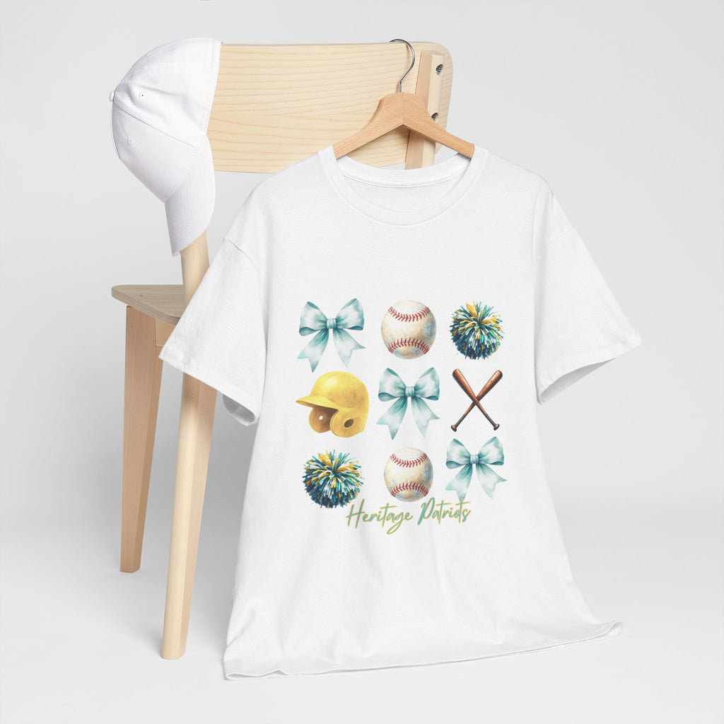 Heritage Baseball Grid with Bows Tee | Helmet, Bat, Ball, Pom Poms
