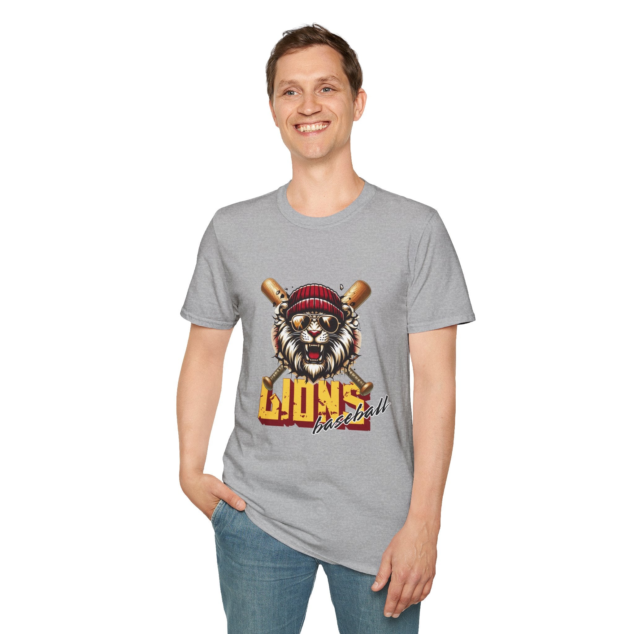 Lions Baseball Tee — Fierce Lion Mascot with Bats