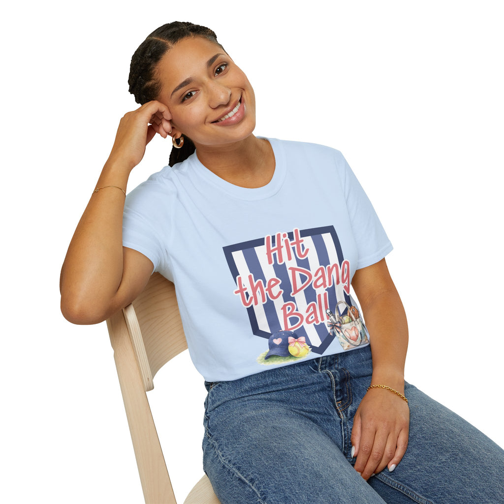 Preppy Hit the Dang Ball T-Shirt | Girly Baseball Graphic, Glove and Helmet Illustration