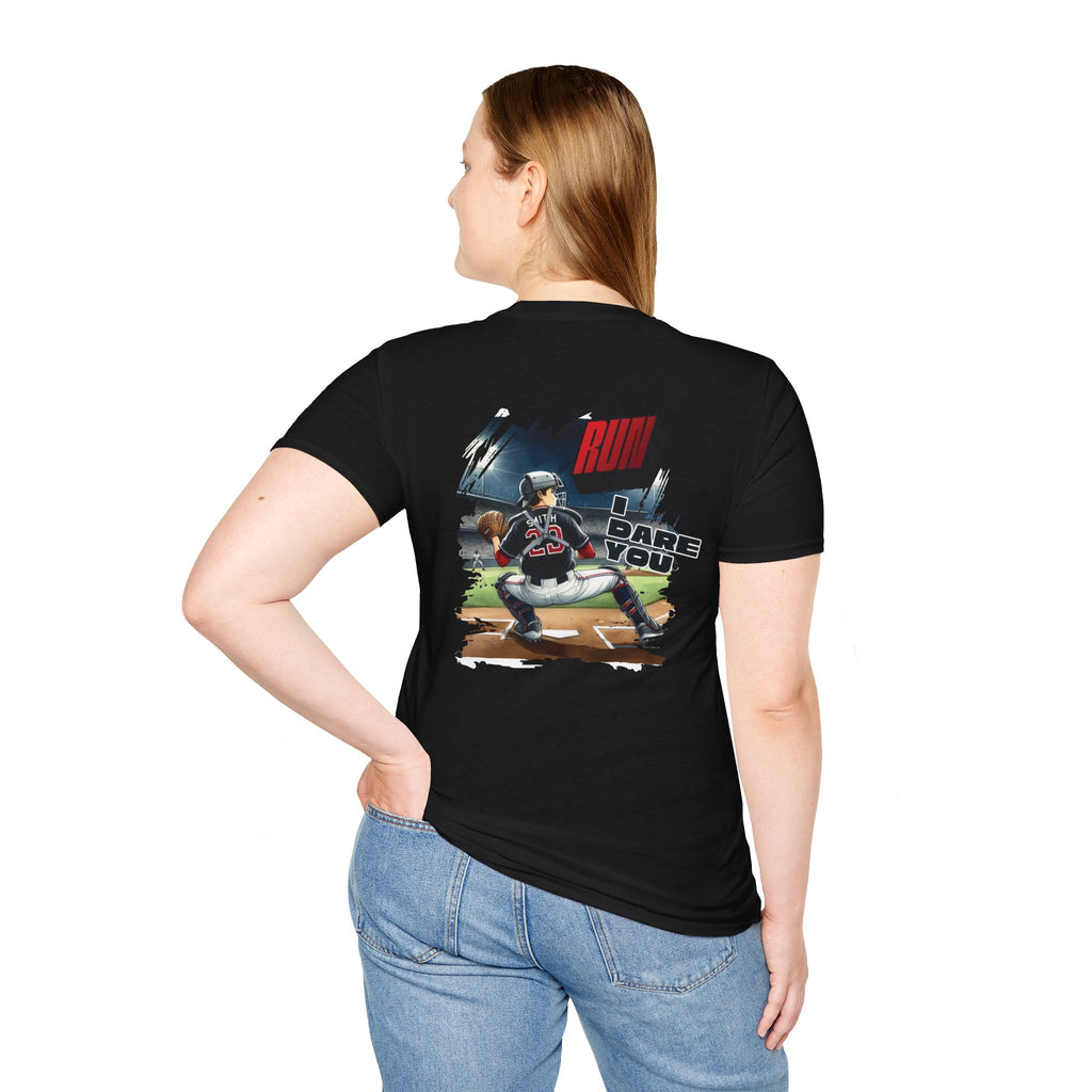 Run I Dare You' Back Graphic Baseball Runner T-Shirt Youth Player Illustration