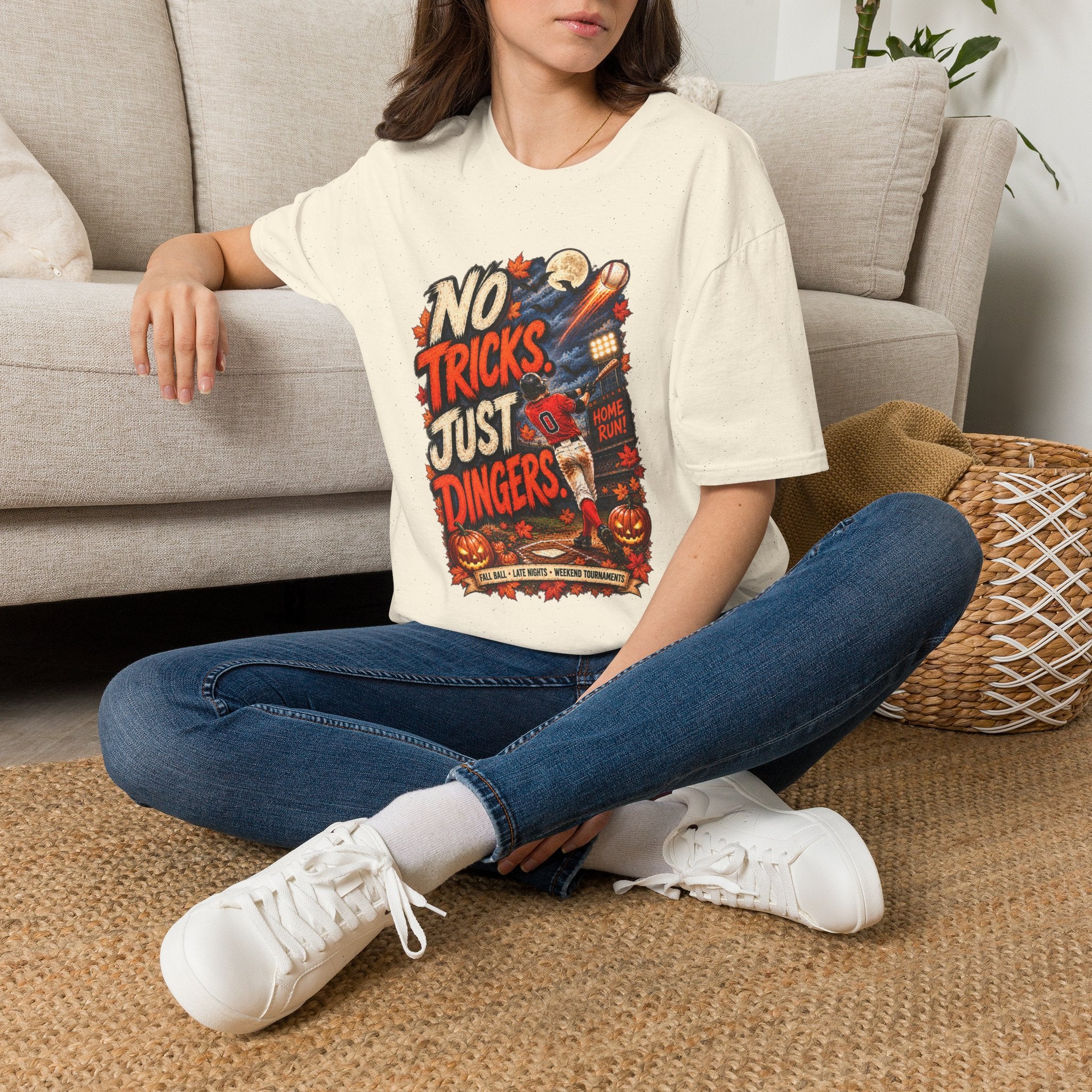 No Tricks Just Dingers T-Shirt | Halloween Baseball Pumpkin Moon Retro