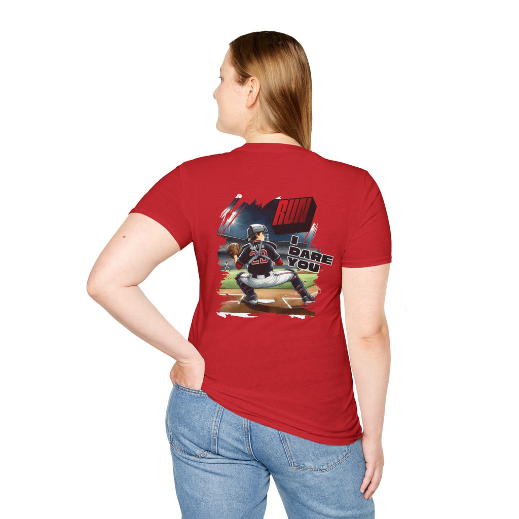 Run I Dare You' Back Graphic Baseball Runner T-Shirt Youth Player Illustration