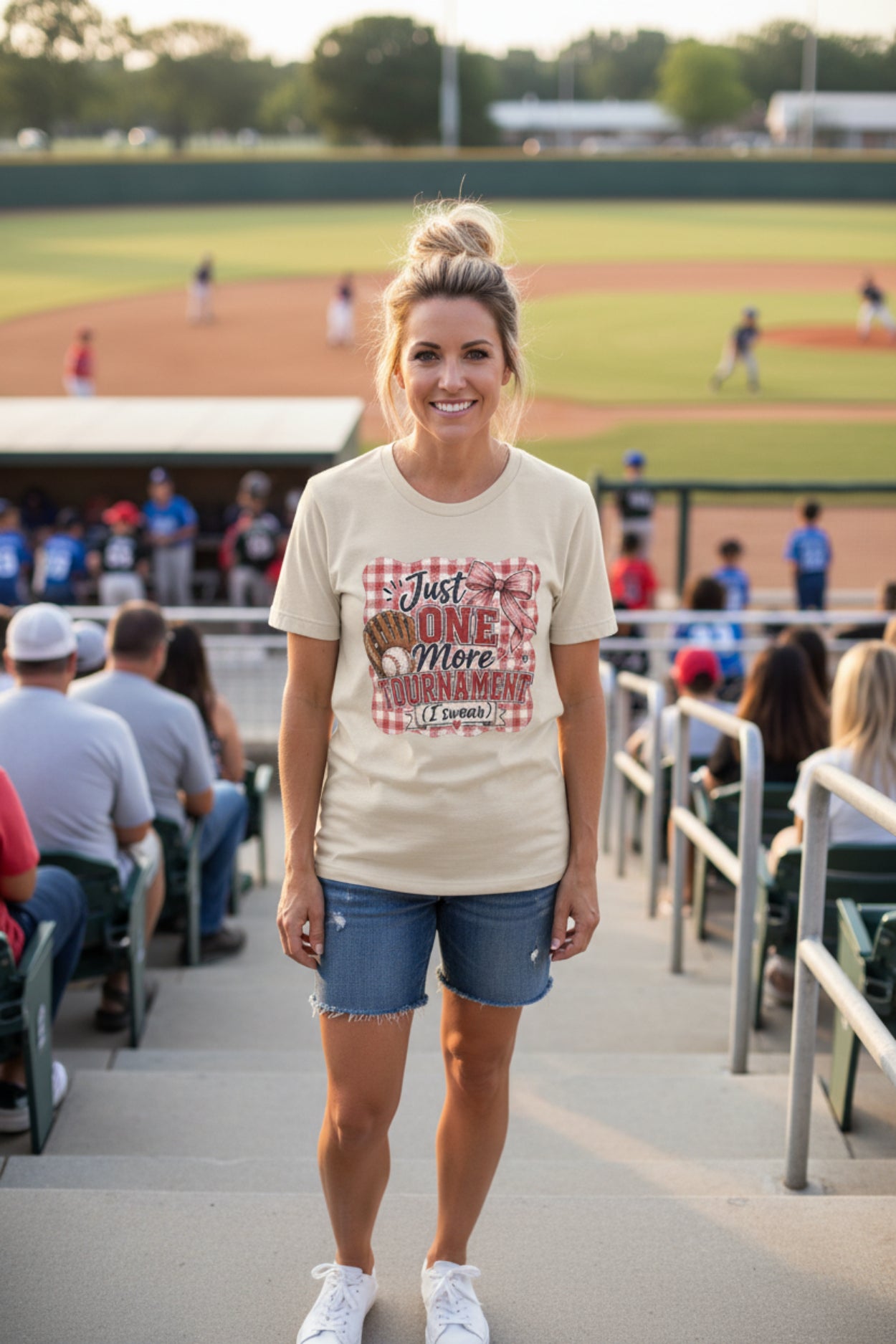 Preppy Travel Baseball Mom Shirt, Just One More Tournament Tee, Cute Girly Sports Mom Graphic, Game Day Outfit Shirt, Bow Baseball Tee
