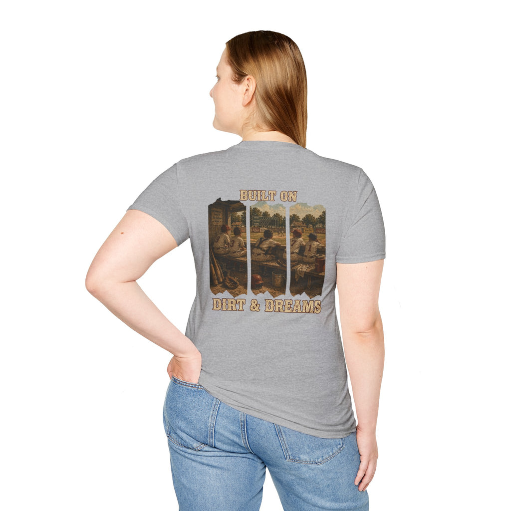 Vintage Baseball Shirt Built on Dirt and Dreams, Nostalgic Baseball Graphic Tee, Classic Fan Shirt, Dugout Scene Tee, Game Day Shirt