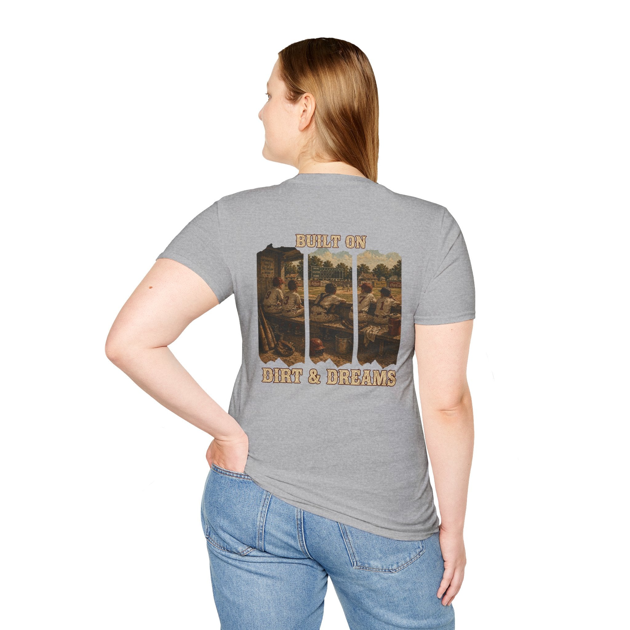Vintage Baseball Shirt Built on Dirt and Dreams, Nostalgic Baseball Graphic Tee, Classic Fan Shirt, Dugout Scene Tee, Game Day Shirt