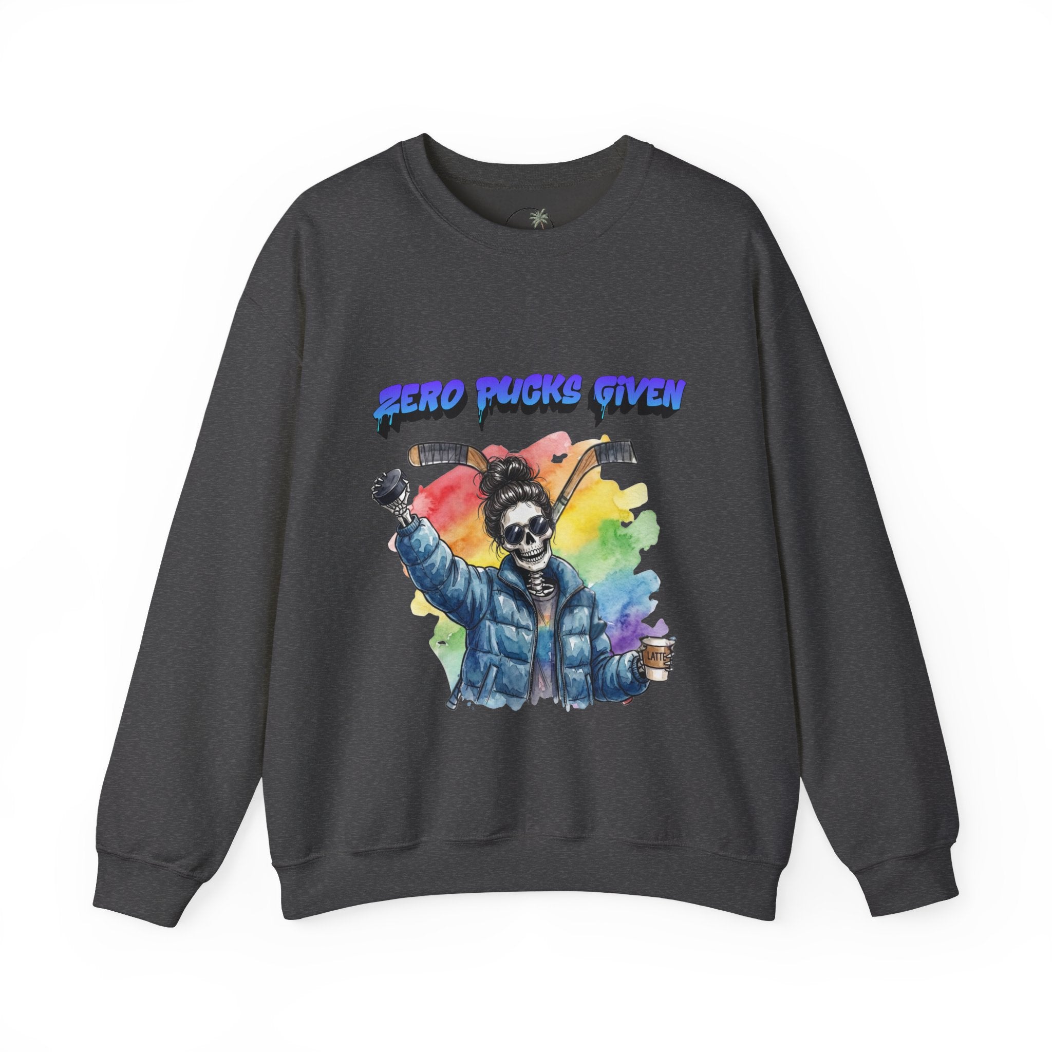 Zero Pucks Given Skeleton Hockey Player Crewneck sweatshirt | Rainbow Graphic