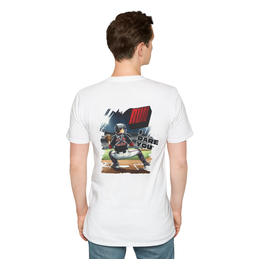 Run I Dare You' Back Graphic Baseball Runner T-Shirt Youth Player Illustration
