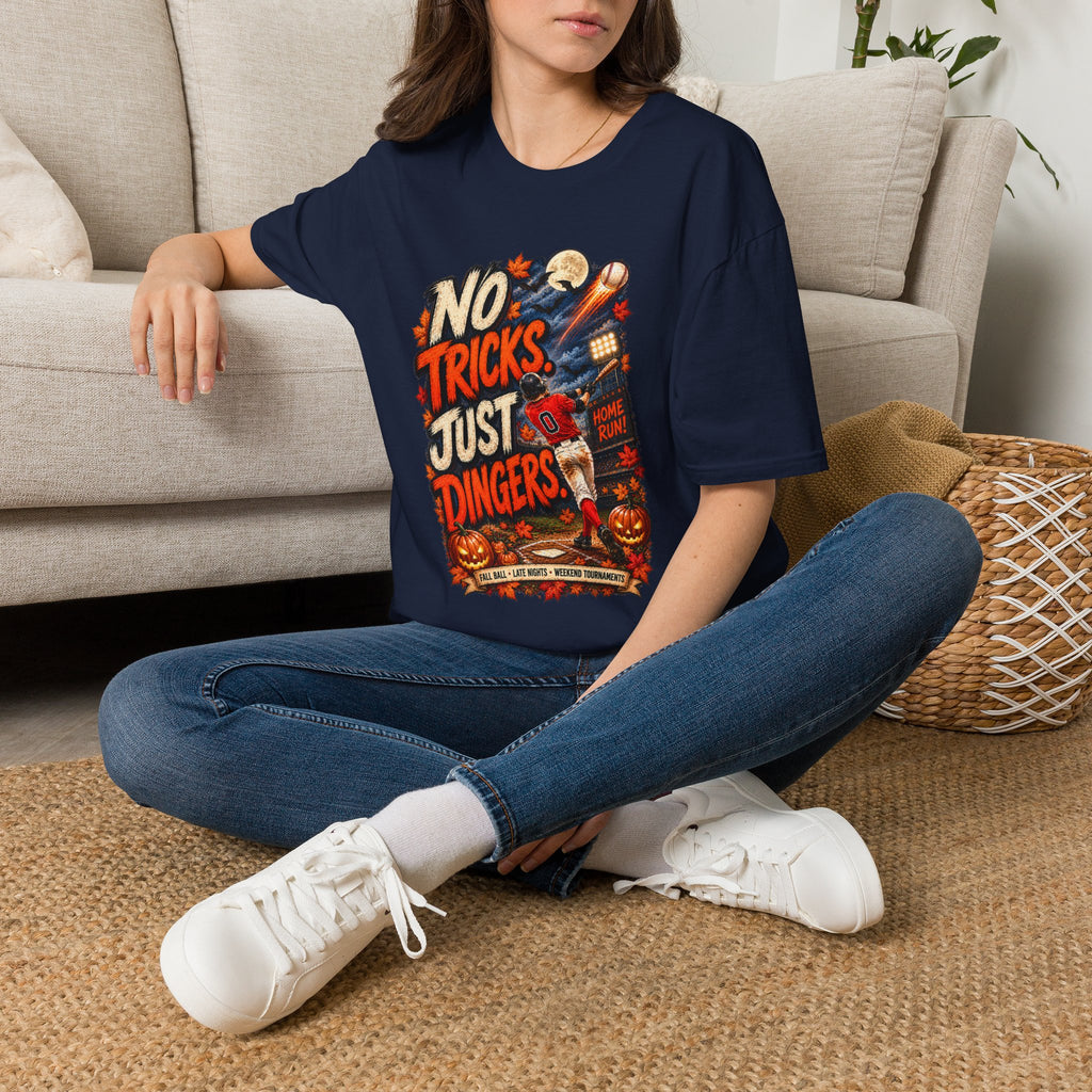 No Tricks Just Dingers T-Shirt | Halloween Baseball Pumpkin Moon Retro