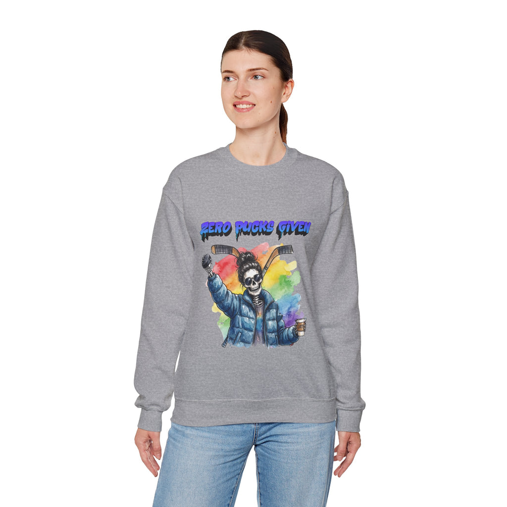 Zero Pucks Given Skeleton Hockey Player Crewneck sweatshirt | Rainbow Graphic