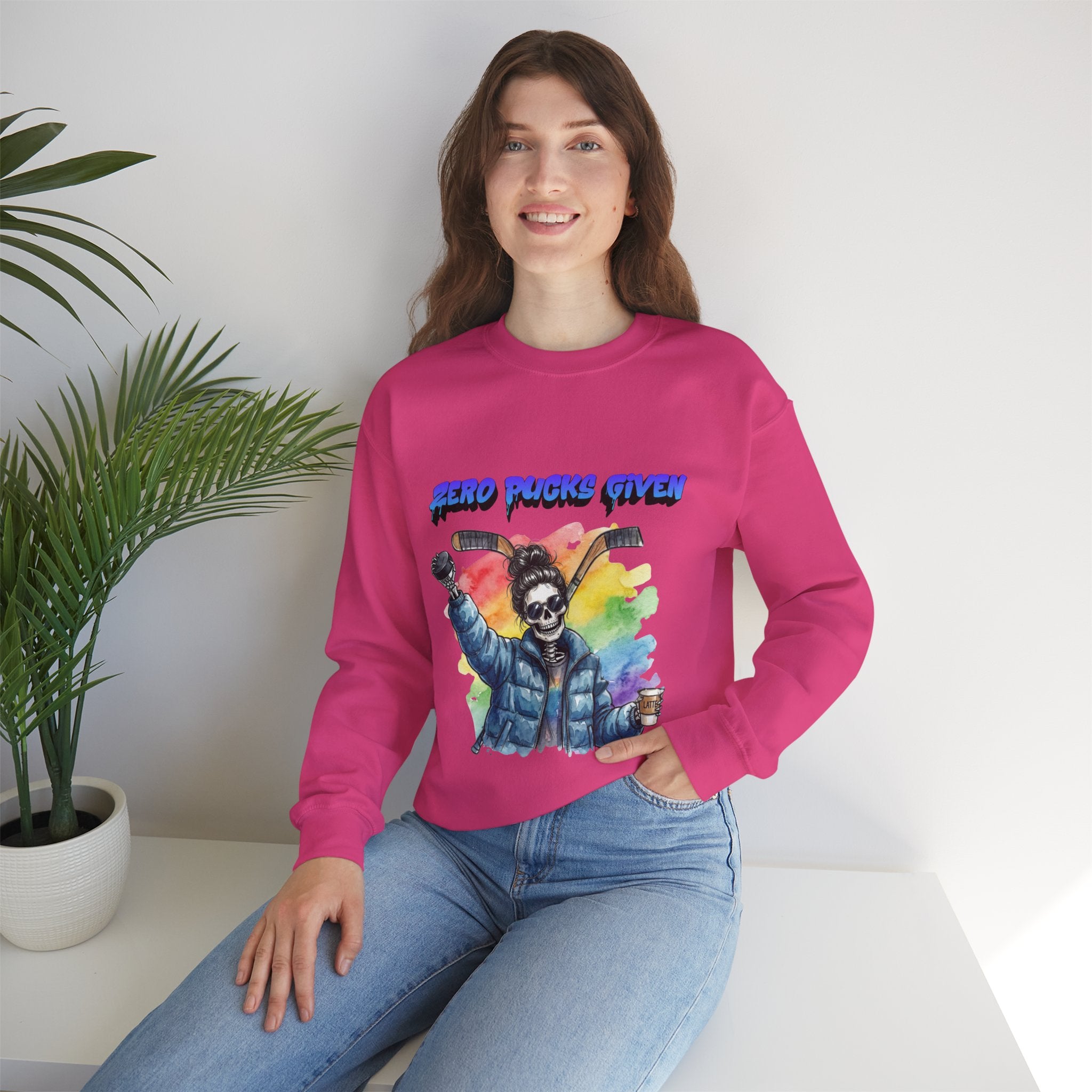 Zero Pucks Given Skeleton Hockey Player Crewneck sweatshirt | Rainbow Graphic