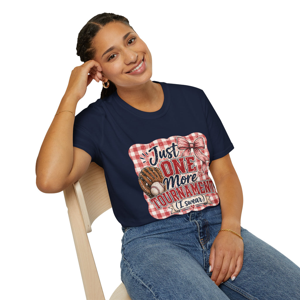Preppy Travel Baseball Mom Shirt, Just One More Tournament Tee, Cute Girly Sports Mom Graphic, Game Day Outfit Shirt, Bow Baseball Tee