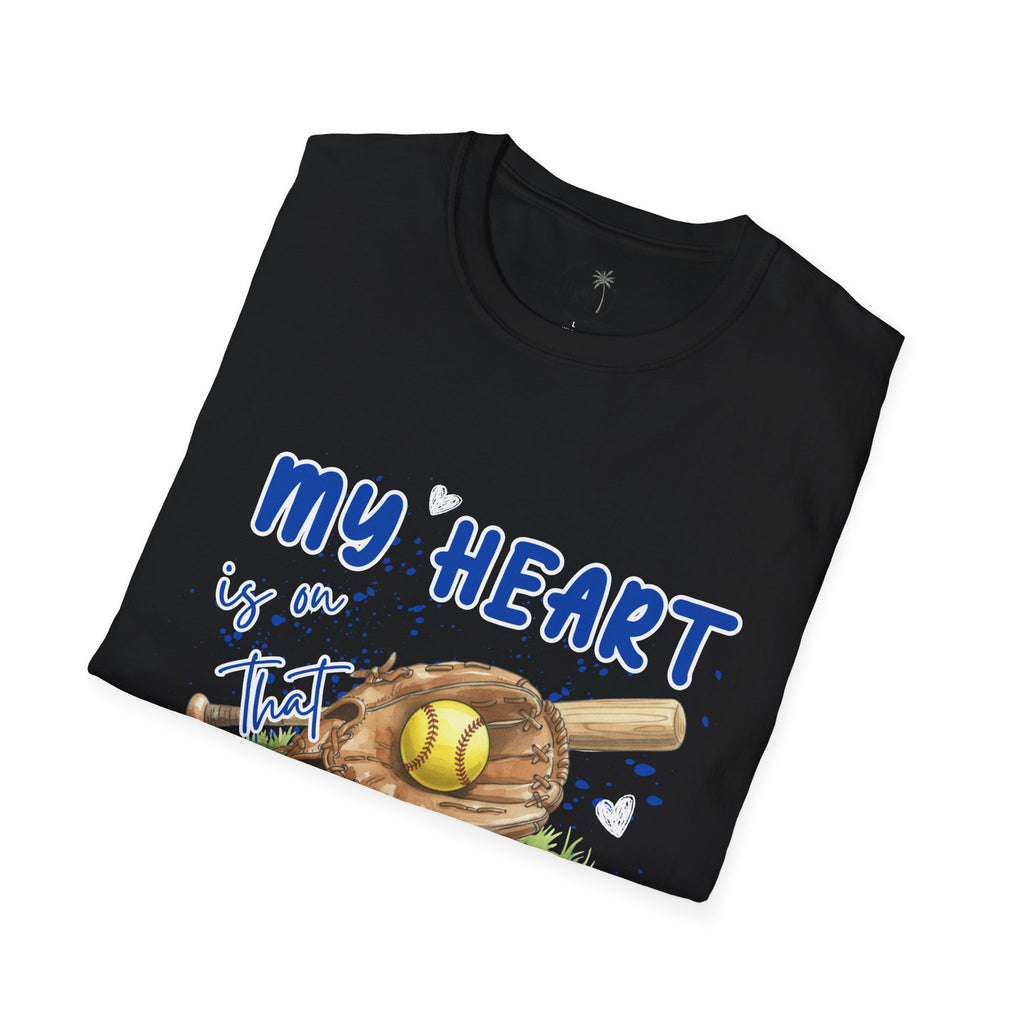 My Heart Is On That Field Softball T-Shirt | Softball Glove Ball Bat Design