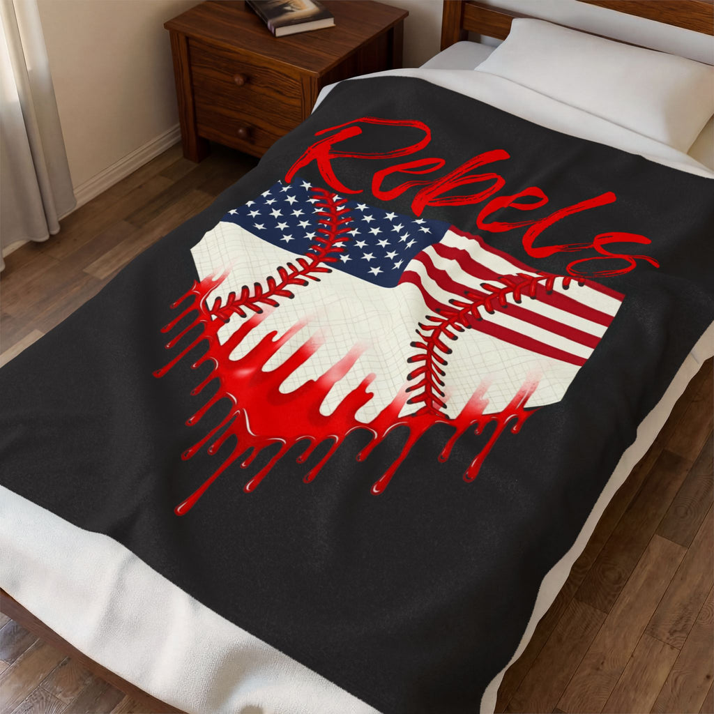 Rebels Baseball Velveteen Plush Blanket – American Flag Heart Stitch Design