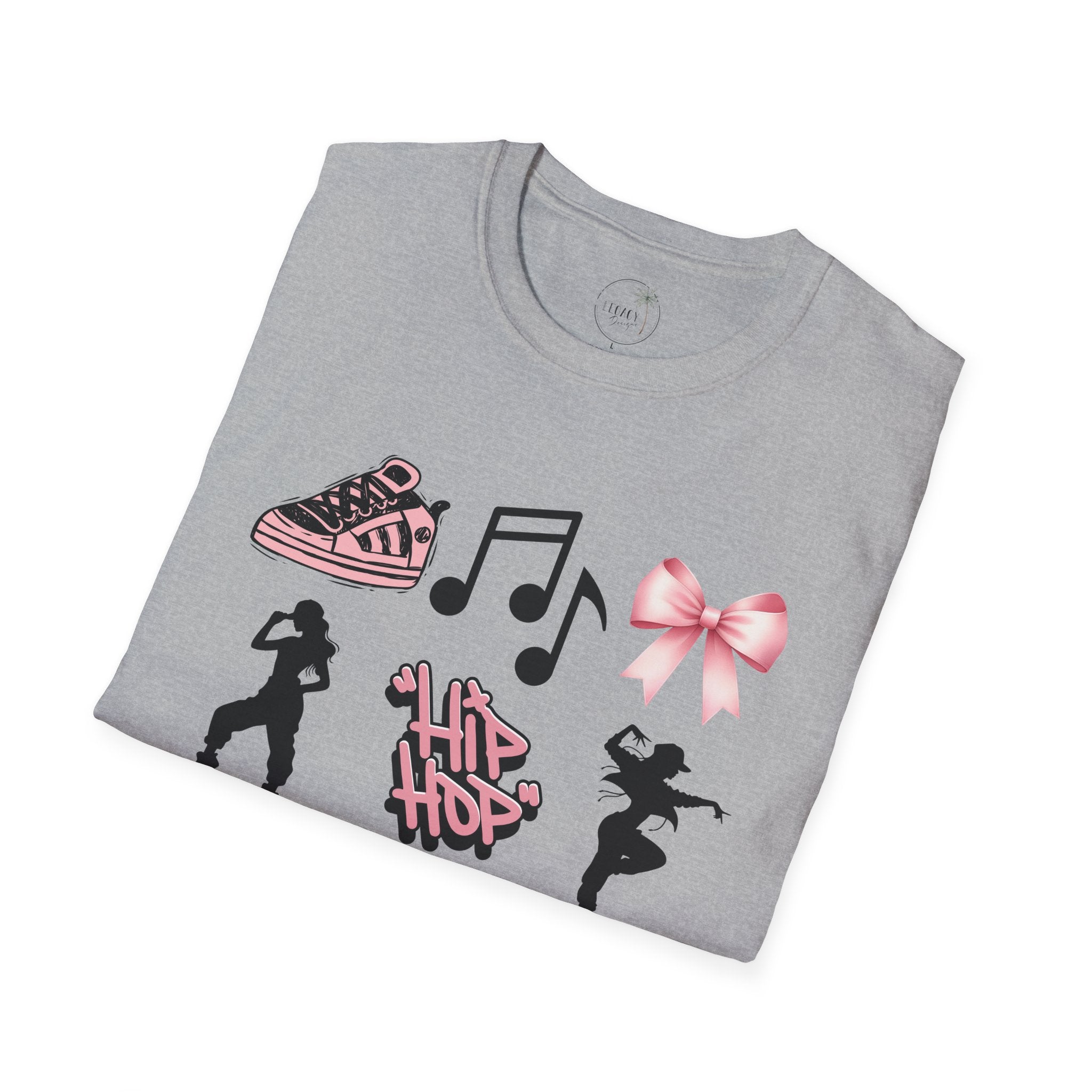 Hip Hop Dance Icons T‑Shirt — Pink Bows, Boombox & Sneaker Graphic