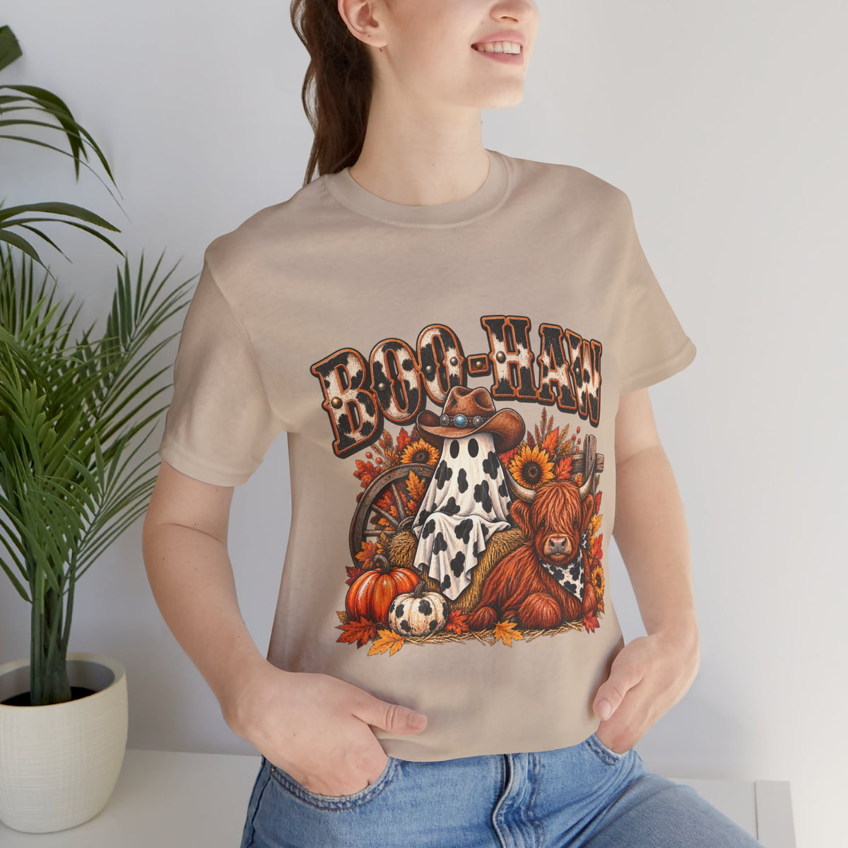 Boo-Haw Halloween T-Shirt  Western Ghost Cowgirl Tee, Fall Pumpkin Patch Shirt, Funny Country Halloween Graphic Tee