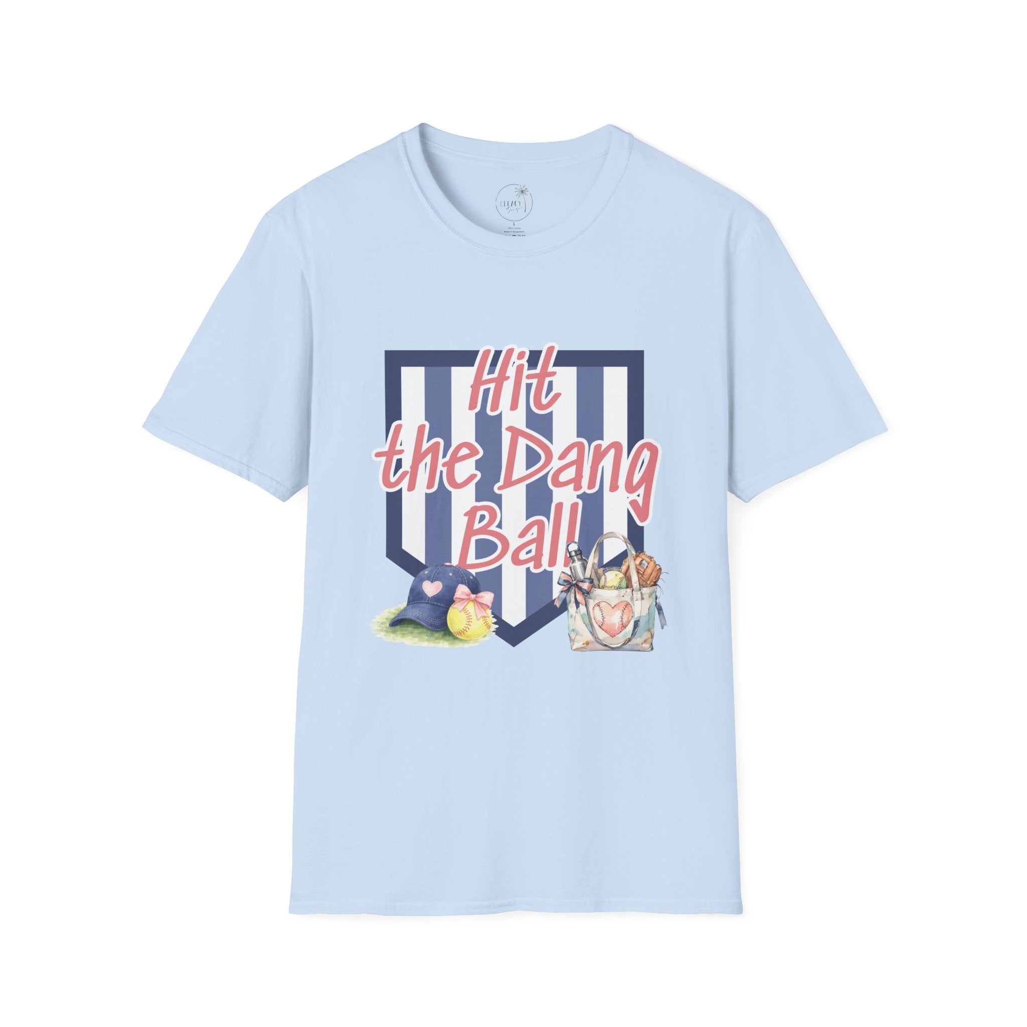 Preppy Hit the Dang Ball T-Shirt | Girly Baseball Graphic, Glove and Helmet Illustration
