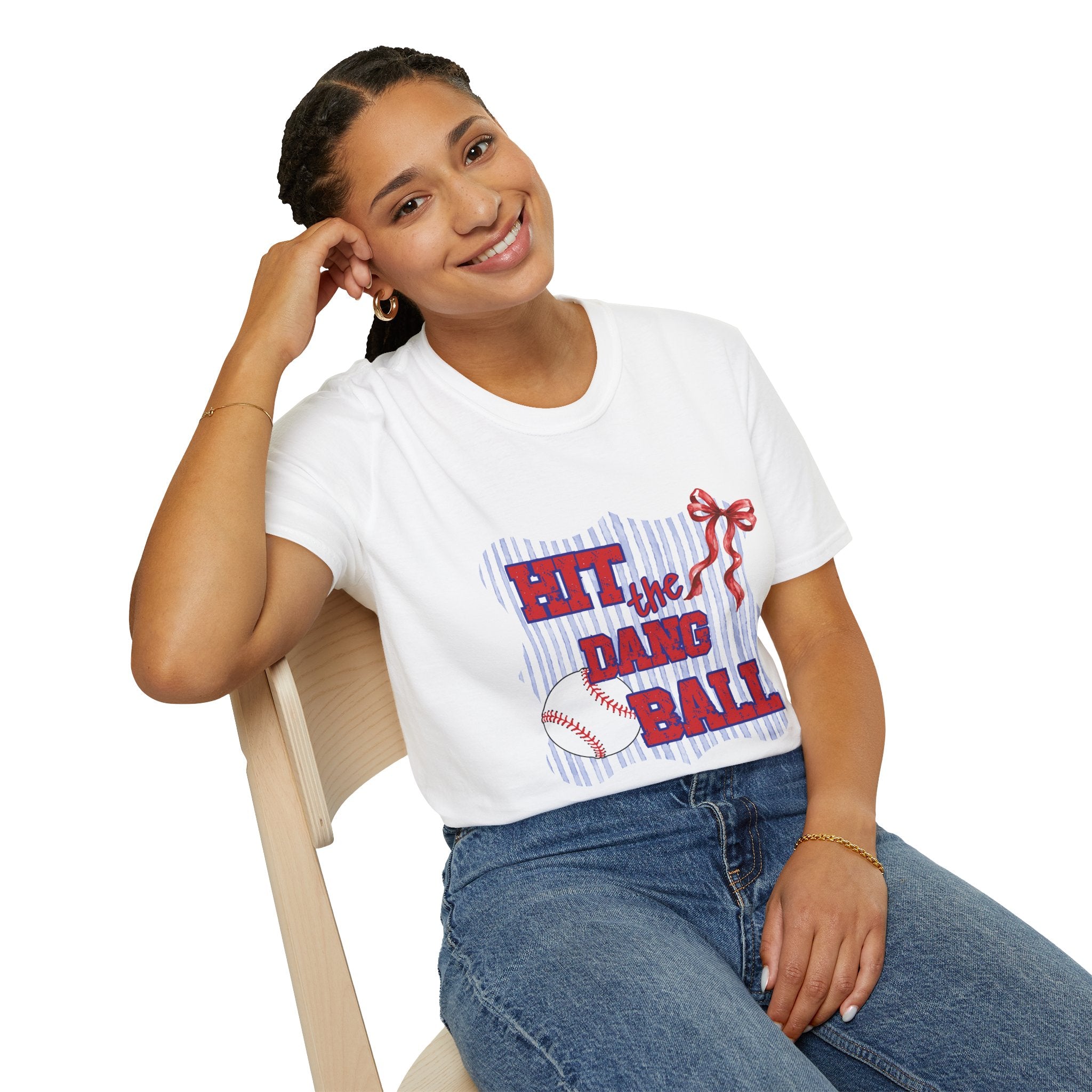 Preppy Hit the Dang Ball T-Shirt | Girly Baseball Graphic, Red White Blue Stripes