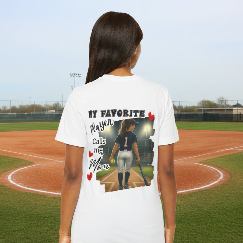 My Favorite Player Calls Me Mom Softball T-Shirt | Proud Softball Mom Tee | Game Day Shirt | Sports Mom Gift with Pocket Design